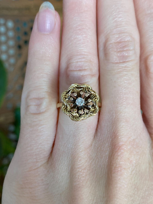 Vintage Solid 14k Yellow Gold Diamond Cocktail Ring - Size 4.75