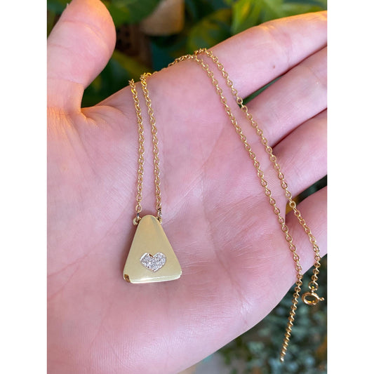 Vintage Solid 14k Yellow Gold Diamond Heart Cable Chain Necklace - 15.25 inches