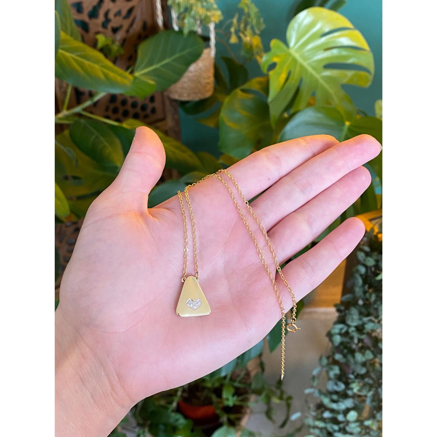 Vintage Solid 14k Yellow Gold Diamond Heart Cable Chain Necklace - 15.25 inches