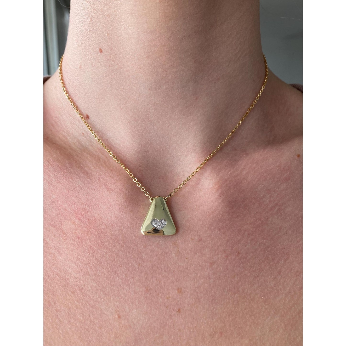 Vintage Solid 14k Yellow Gold Diamond Heart Cable Chain Necklace - 15.25 inches