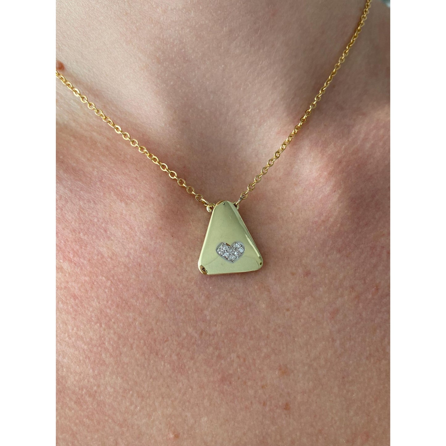 Vintage Solid 14k Yellow Gold Diamond Heart Cable Chain Necklace - 15.25 inches