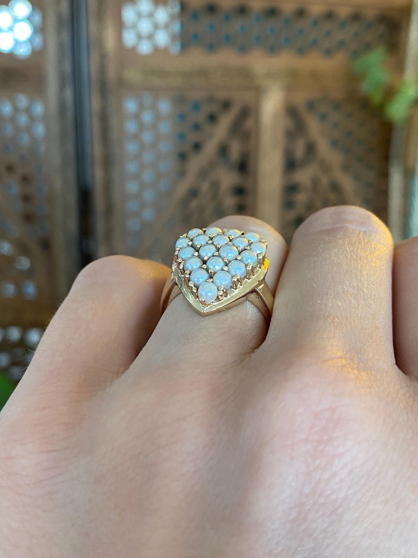 Vintage Solid 14k Yellow Gold Pearls Heart Ring - Size 5.25