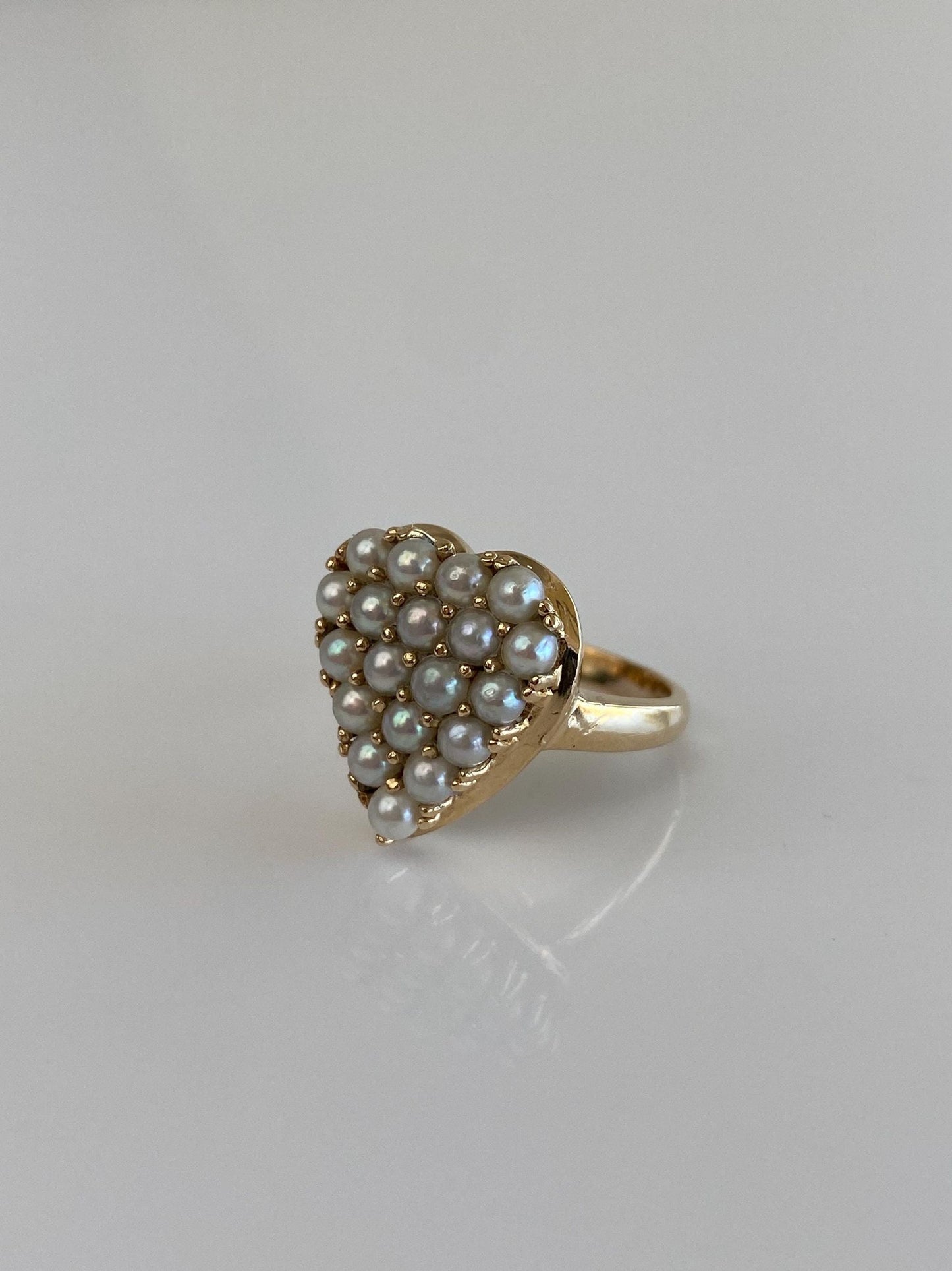 Vintage Solid 14k Yellow Gold Pearls Heart Ring - Size 5.25