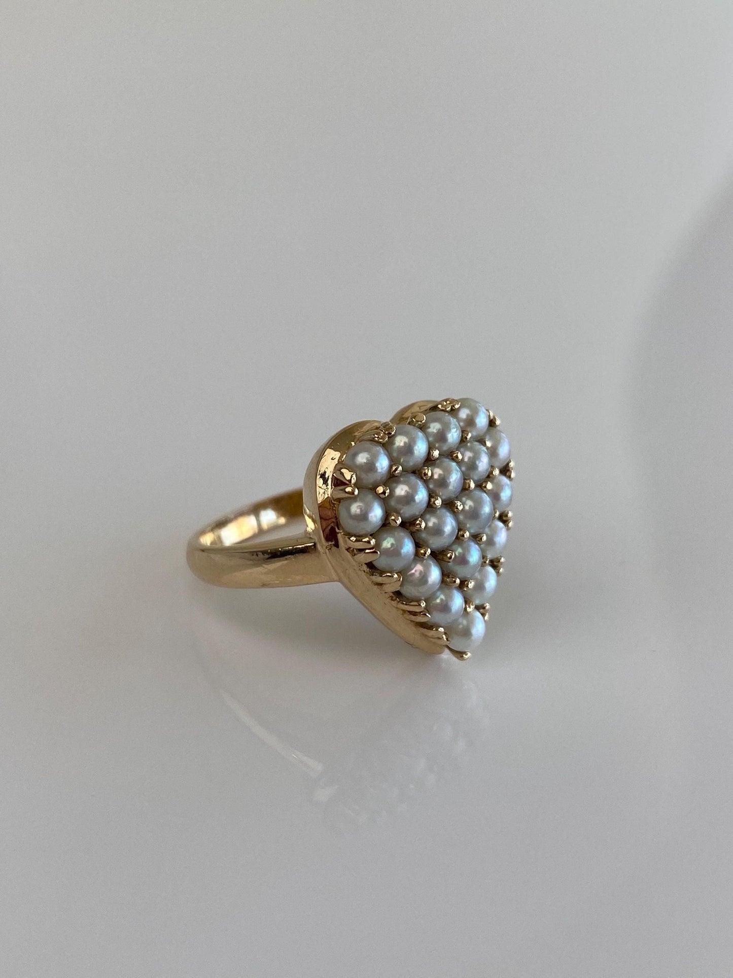 Vintage Solid 14k Yellow Gold Pearls Heart Ring - Size 5.25