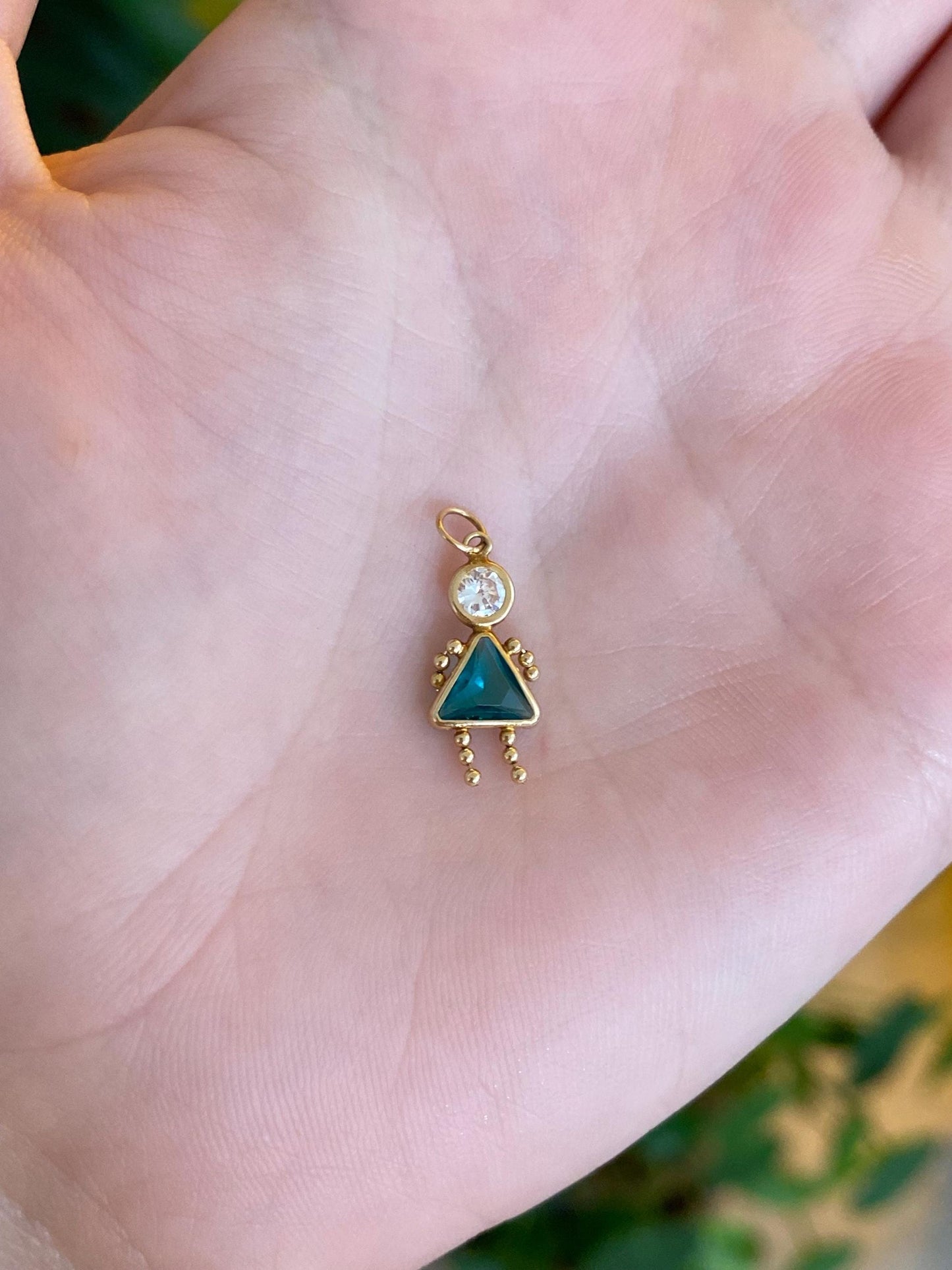 Vintage Solid 10k Yellow Gold Green & Clear Cubic Zirconia Little Girl Charm