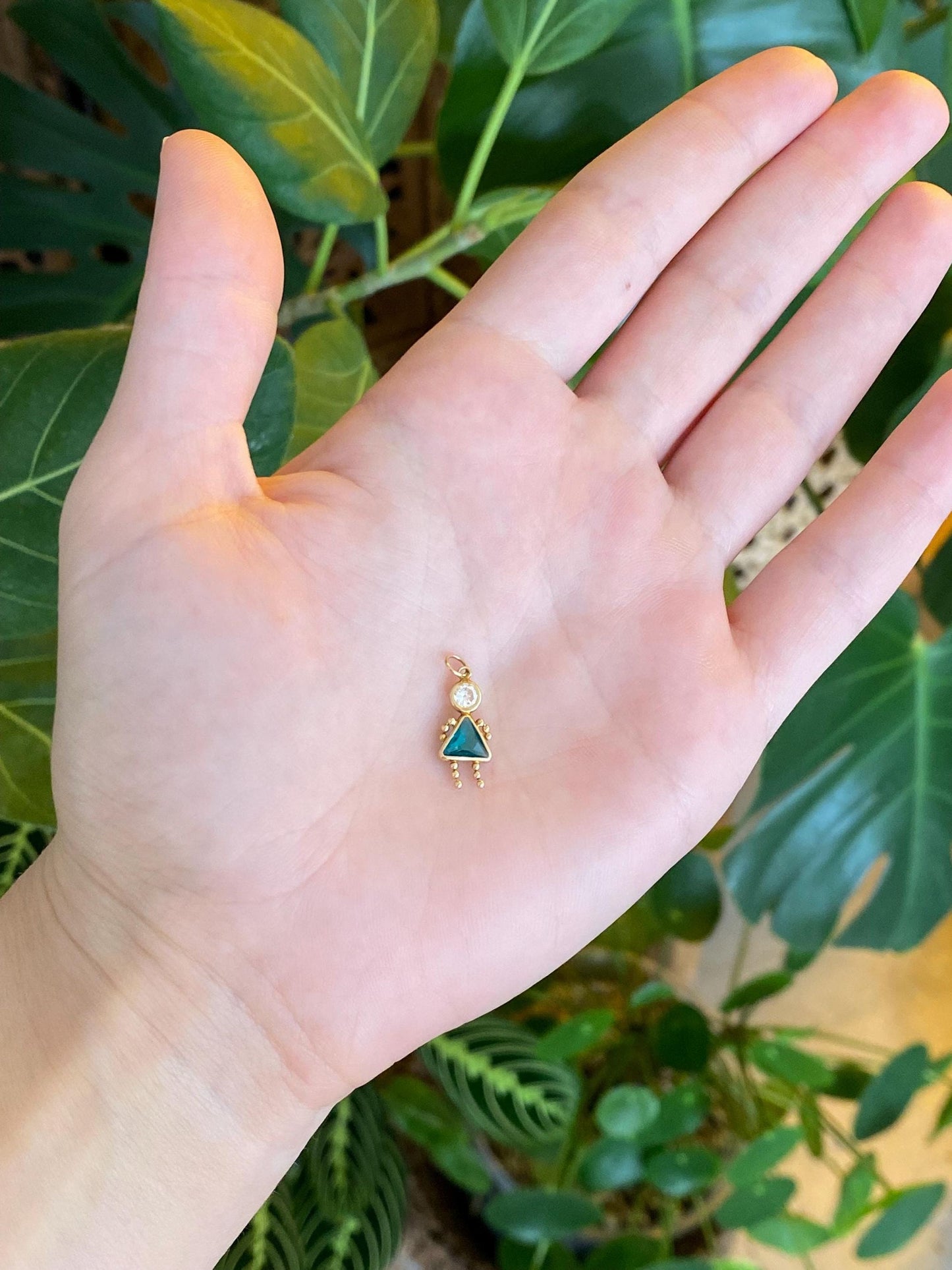 Vintage Solid 10k Yellow Gold Green & Clear Cubic Zirconia Little Girl Charm