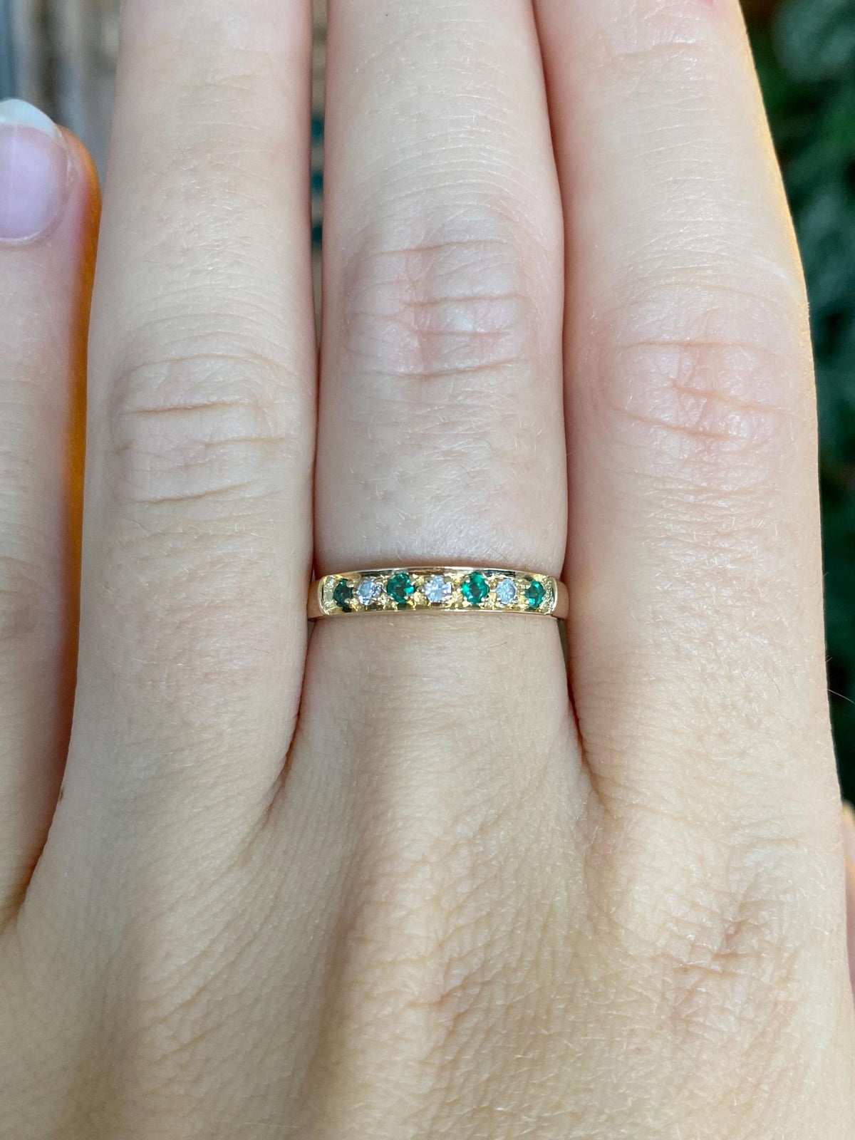 Vintage Solid 14k Yellow Gold Diamond Emerald Ring Band - Size 6.5