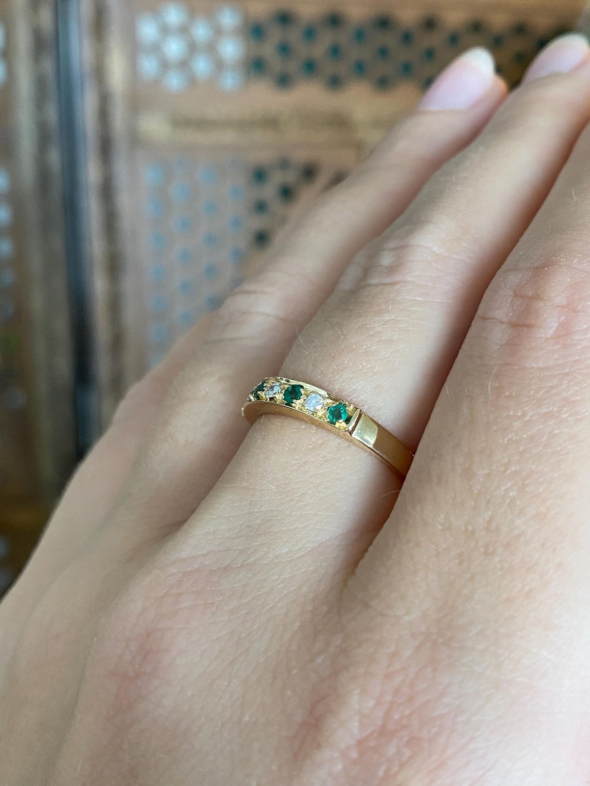 Vintage Solid 14k Yellow Gold Diamond Emerald Ring Band - Size 6.5