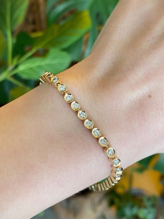 Vintage Solid 14k Yellow Gold Bezel Set Diamond Link Bracelet - 7.25 Inches