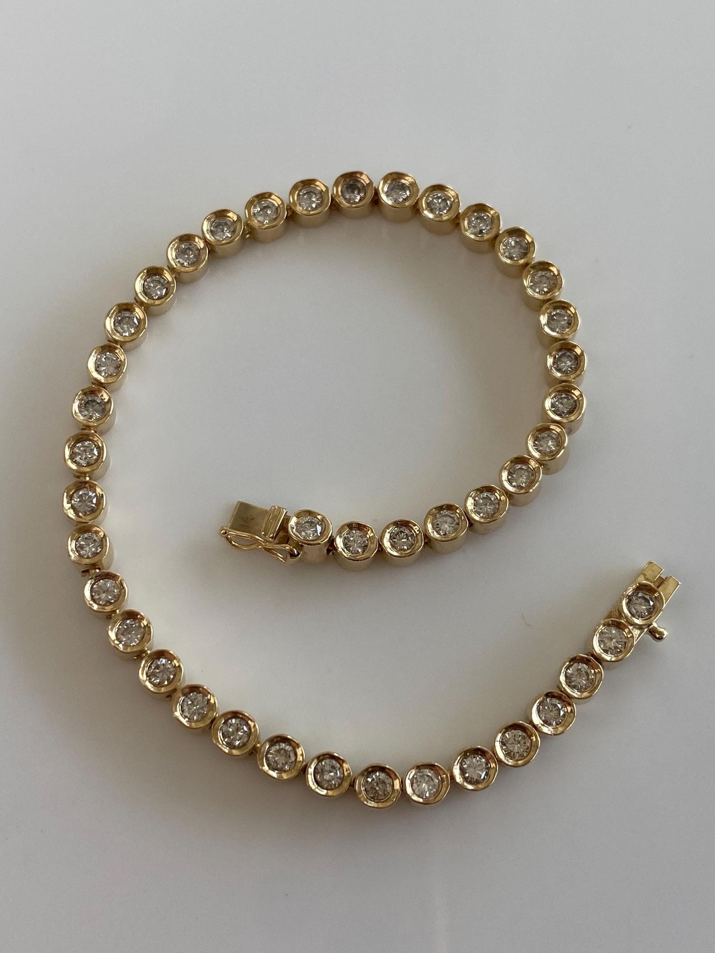 Vintage Solid 14k Yellow Gold Bezel Set Diamond Link Bracelet - 7.25 Inches