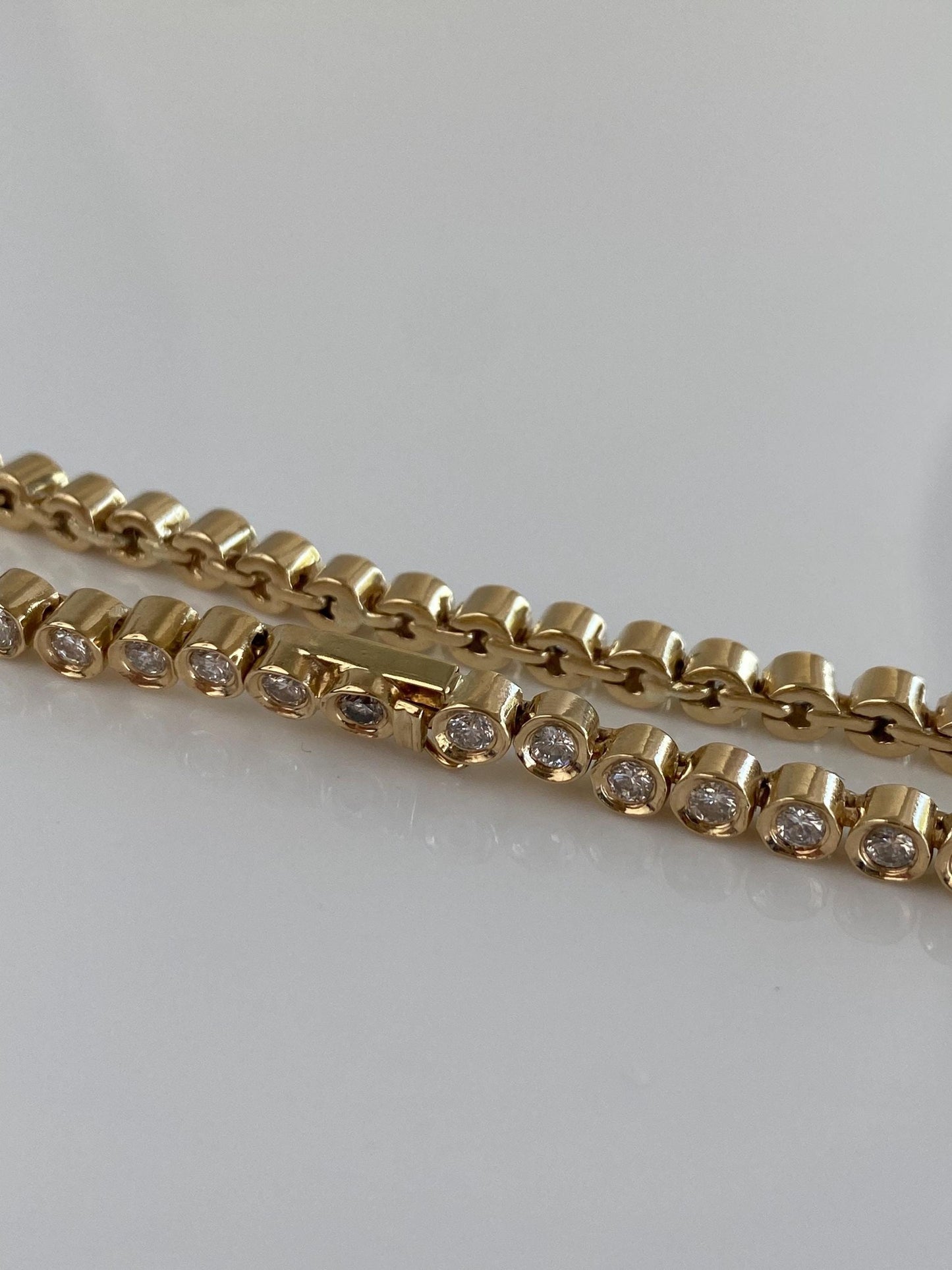 Vintage Solid 14k Yellow Gold Bezel Set Diamond Link Bracelet - 7.25 Inches