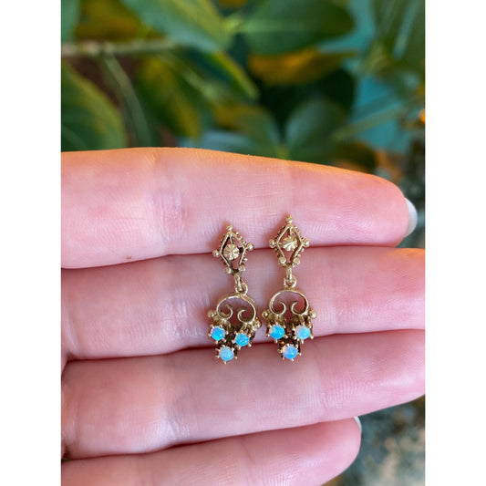 Vintage Solid 14k Yellow Gold Opal Ornate Dangle Stud Earrings