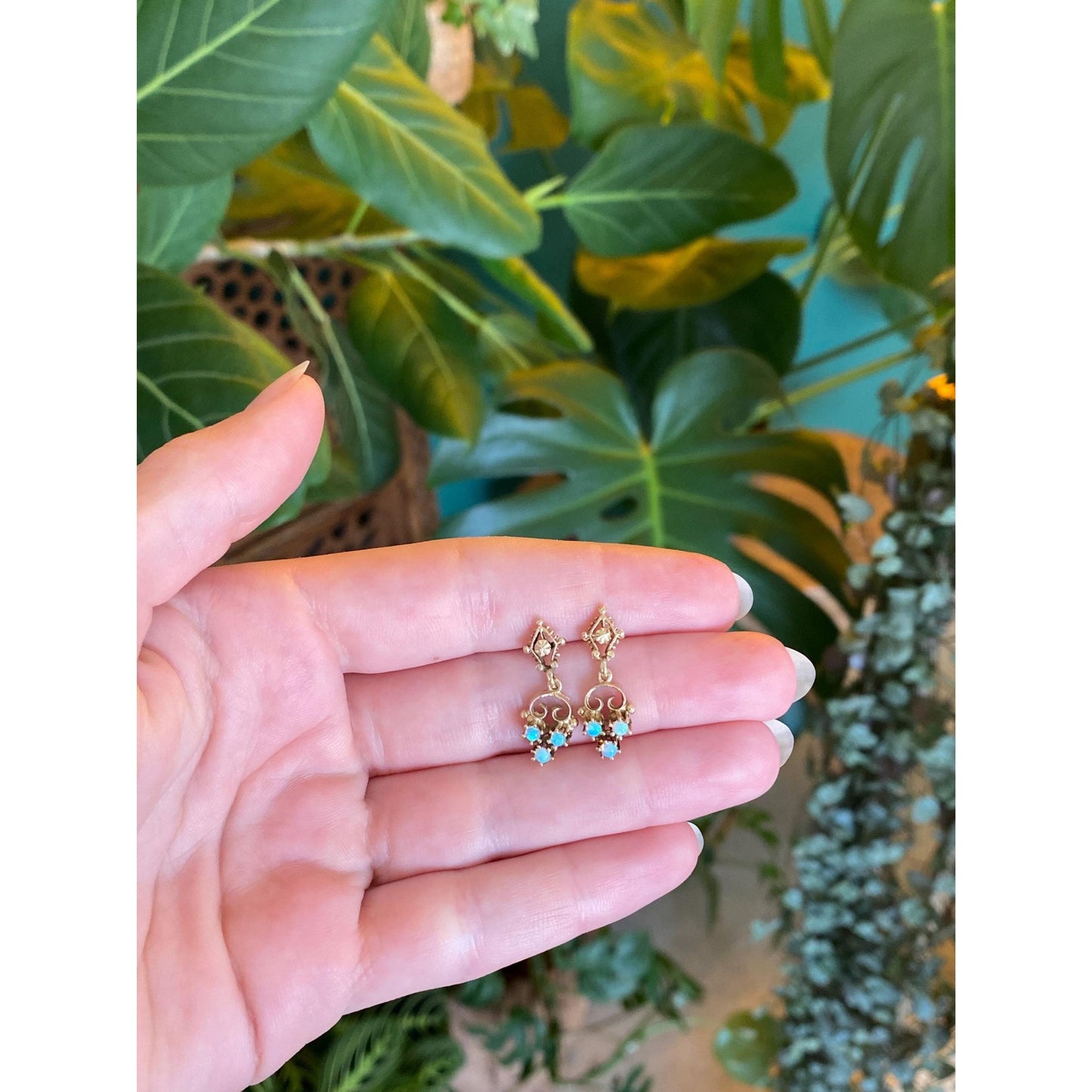 Vintage Solid 14k Yellow Gold Opal Ornate Dangle Stud Earrings