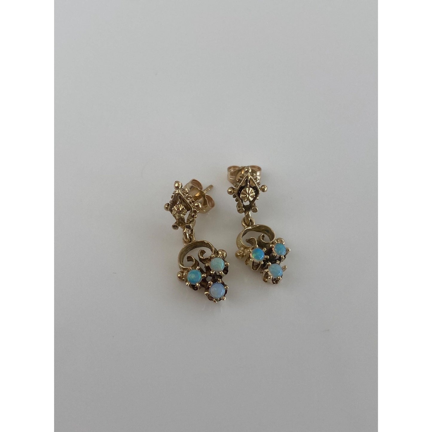 Vintage Solid 14k Yellow Gold Opal Ornate Dangle Stud Earrings