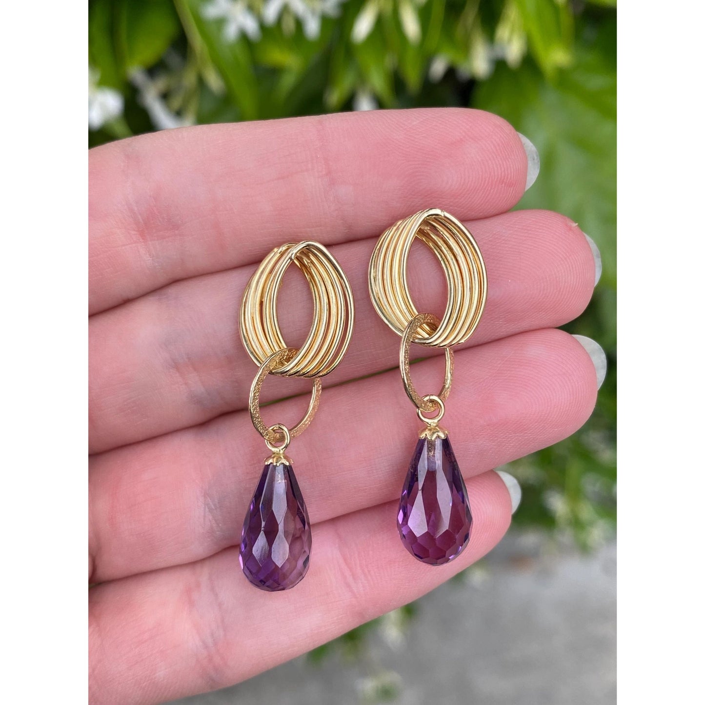 Vintage 14k Yellow Layered Rose Cut Amethyst Dangle Stud Earrings