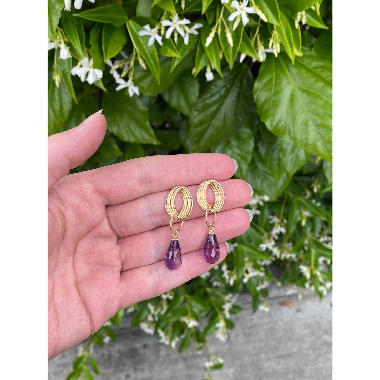 Vintage 14k Yellow Layered Rose Cut Amethyst Dangle Stud Earrings