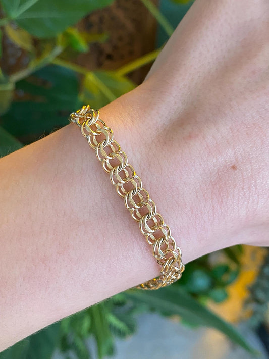 Vintage Solid 14k Yellow Gold Double Link Charm Bracelet - 7.5 inches
