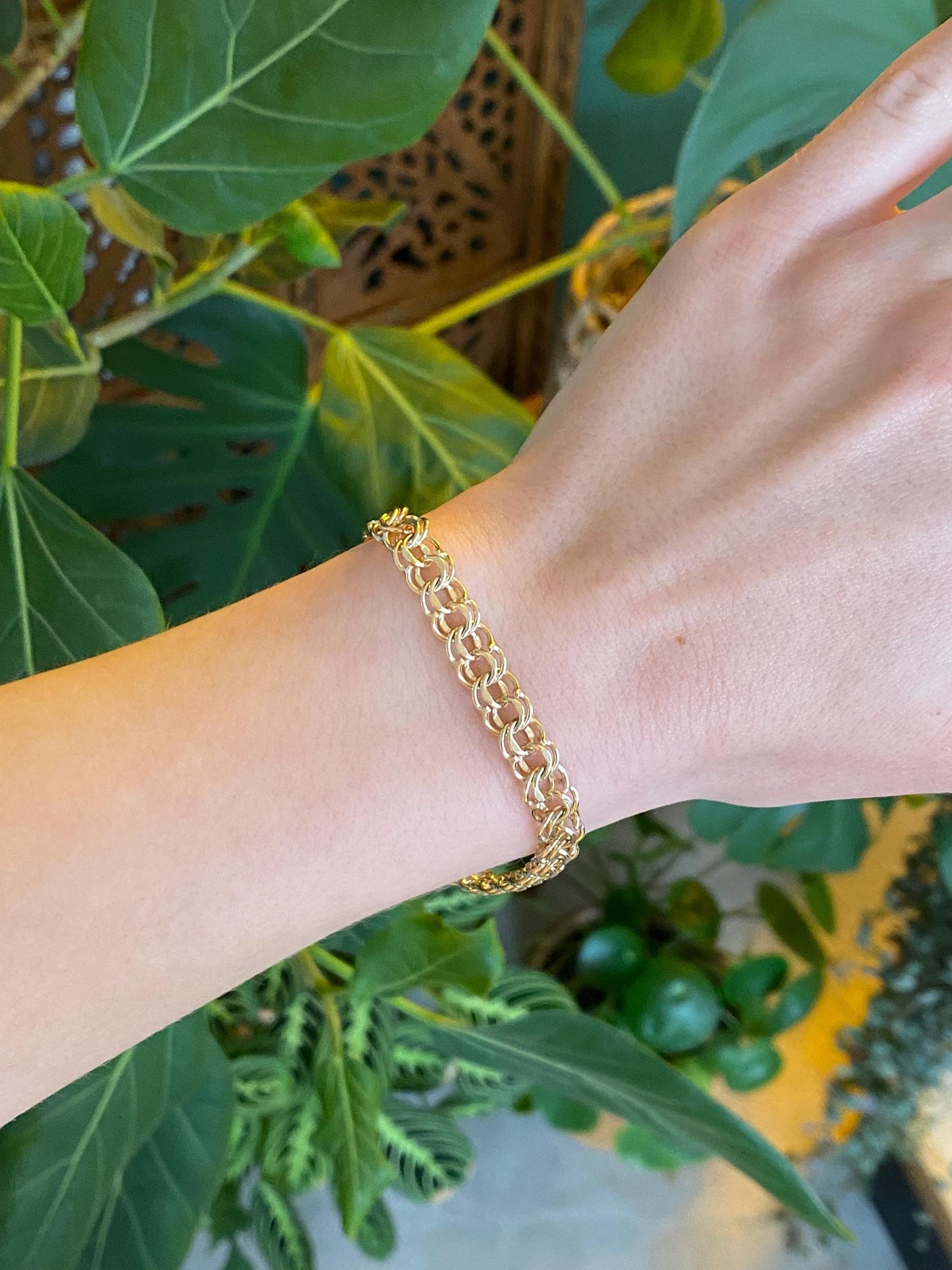 Vintage Solid 14k Yellow Gold Double Link Charm Bracelet - 7.5 inches