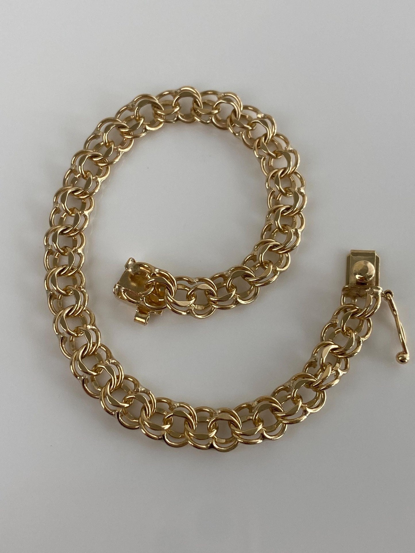 Vintage Solid 14k Yellow Gold Double Link Charm Bracelet - 7.5 inches