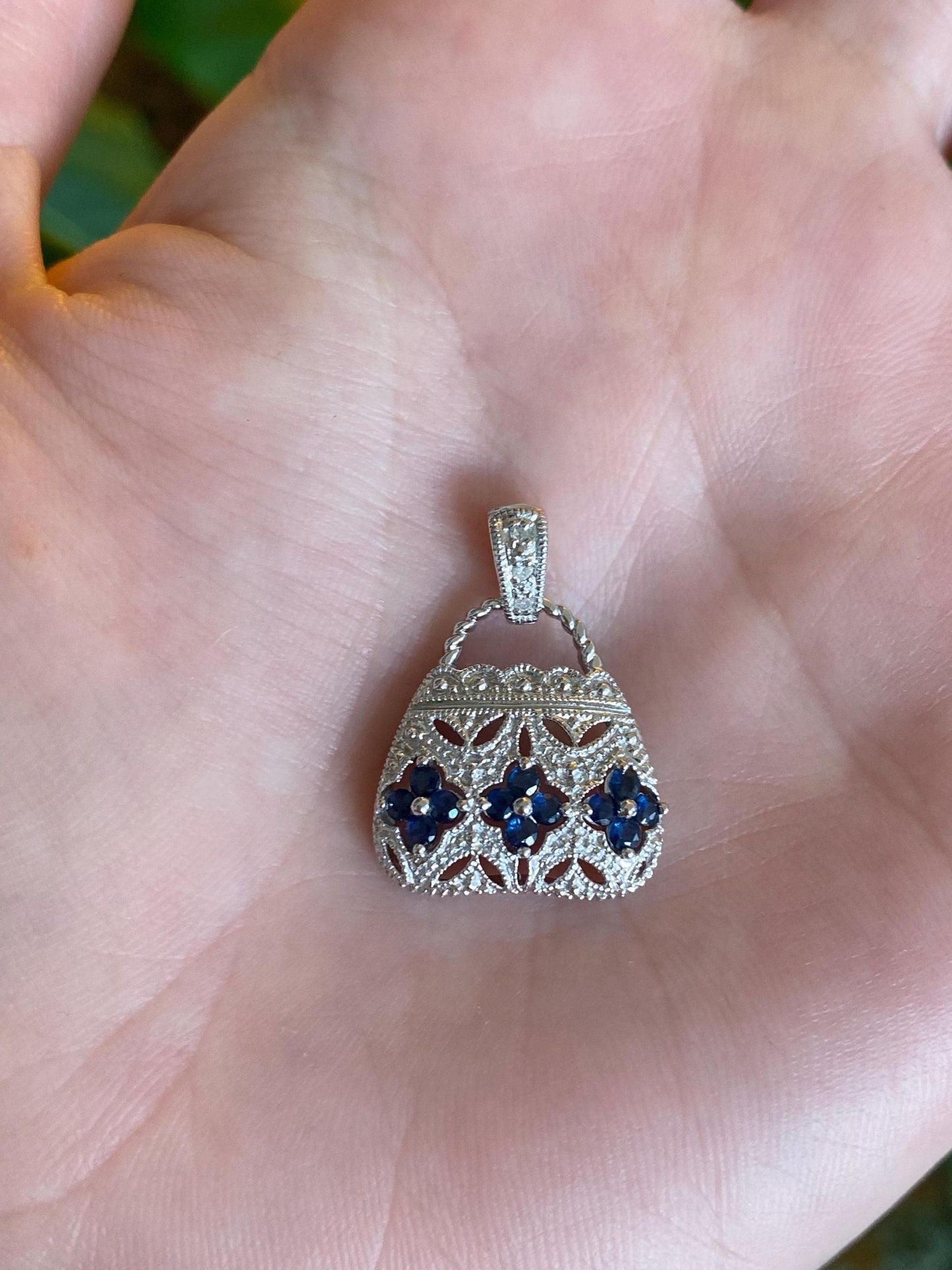 Vintage Solid 10k White Gold Blue Sapphire Purse Charm