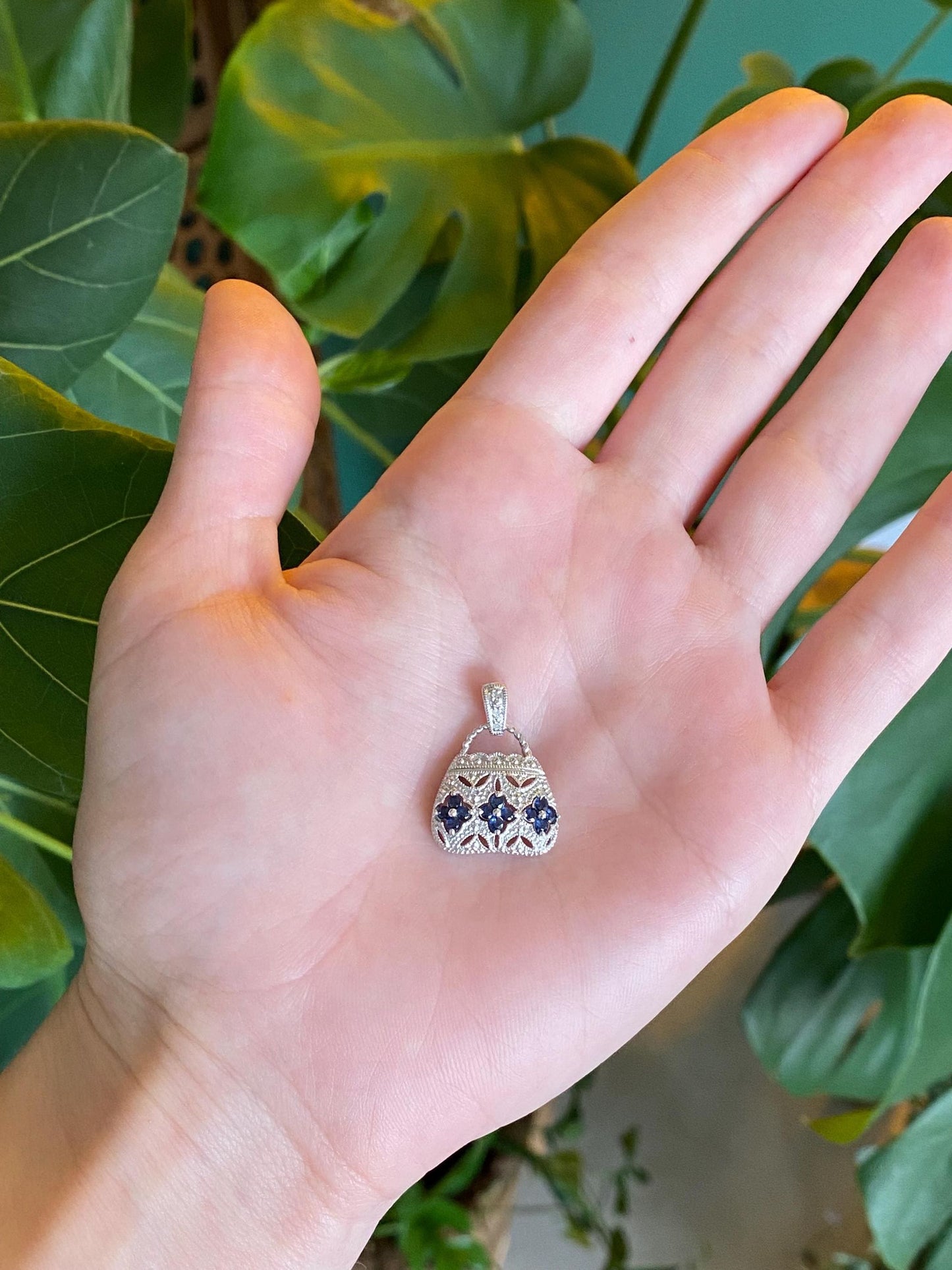 Vintage Solid 10k White Gold Blue Sapphire Purse Charm