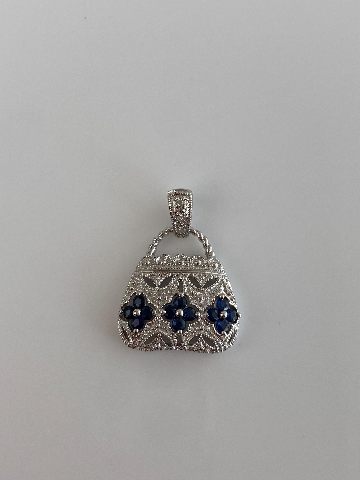 Vintage Solid 10k White Gold Blue Sapphire Purse Charm
