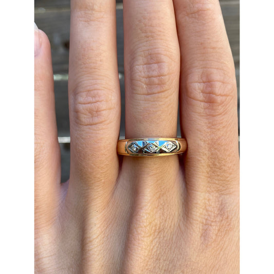 Vintage Solid 14k White & Yellow Gold Diamond Ring Band - Size 6.25