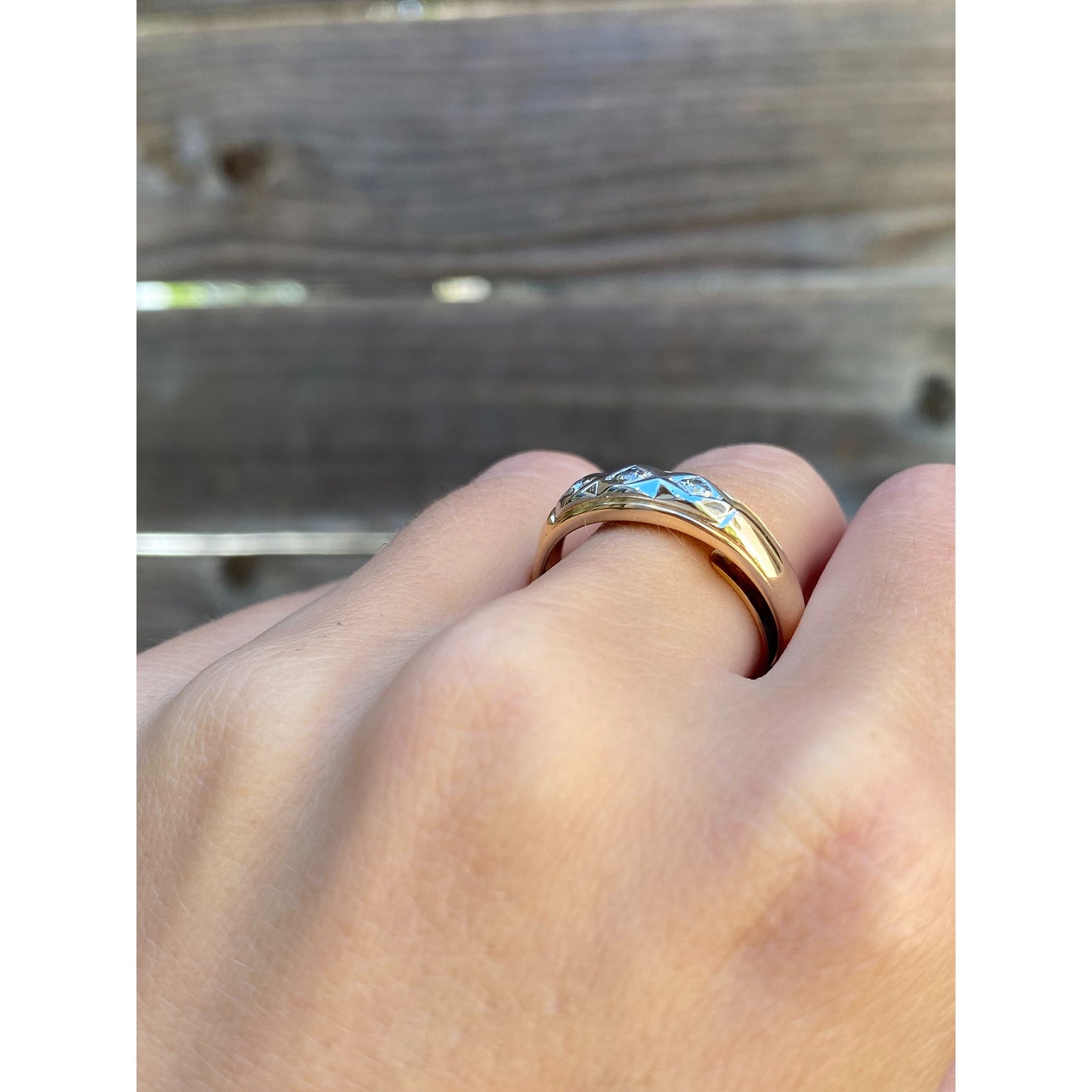 Vintage Solid 14k White & Yellow Gold Diamond Ring Band - Size 6.25