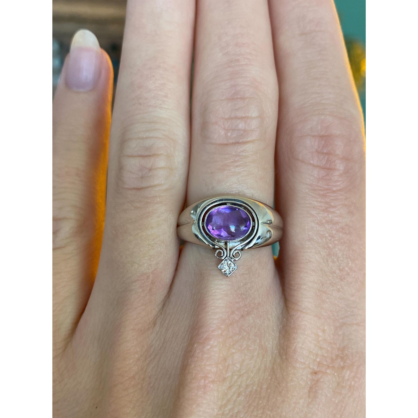 Vintage Solid 14k White Gold Diamond Amethyst Ring Band - Size 5.75