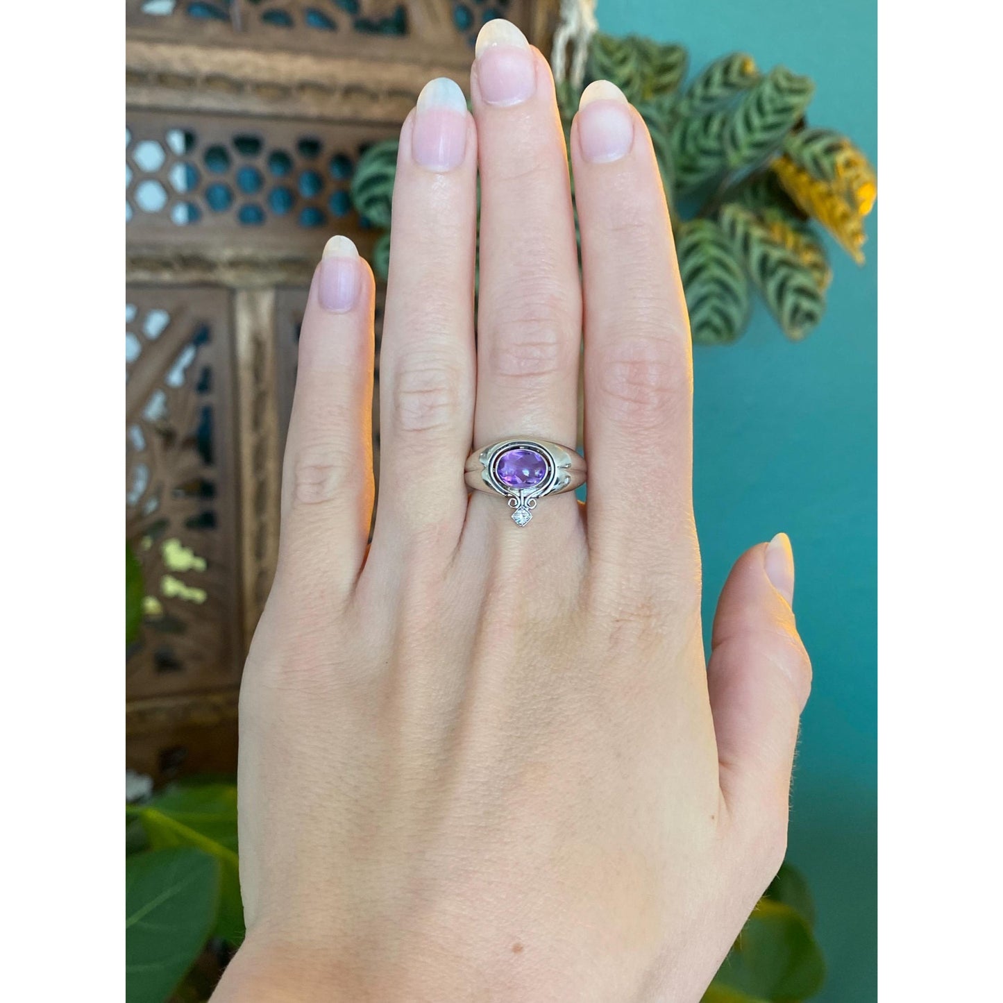 Vintage Solid 14k White Gold Diamond Amethyst Ring Band - Size 5.75