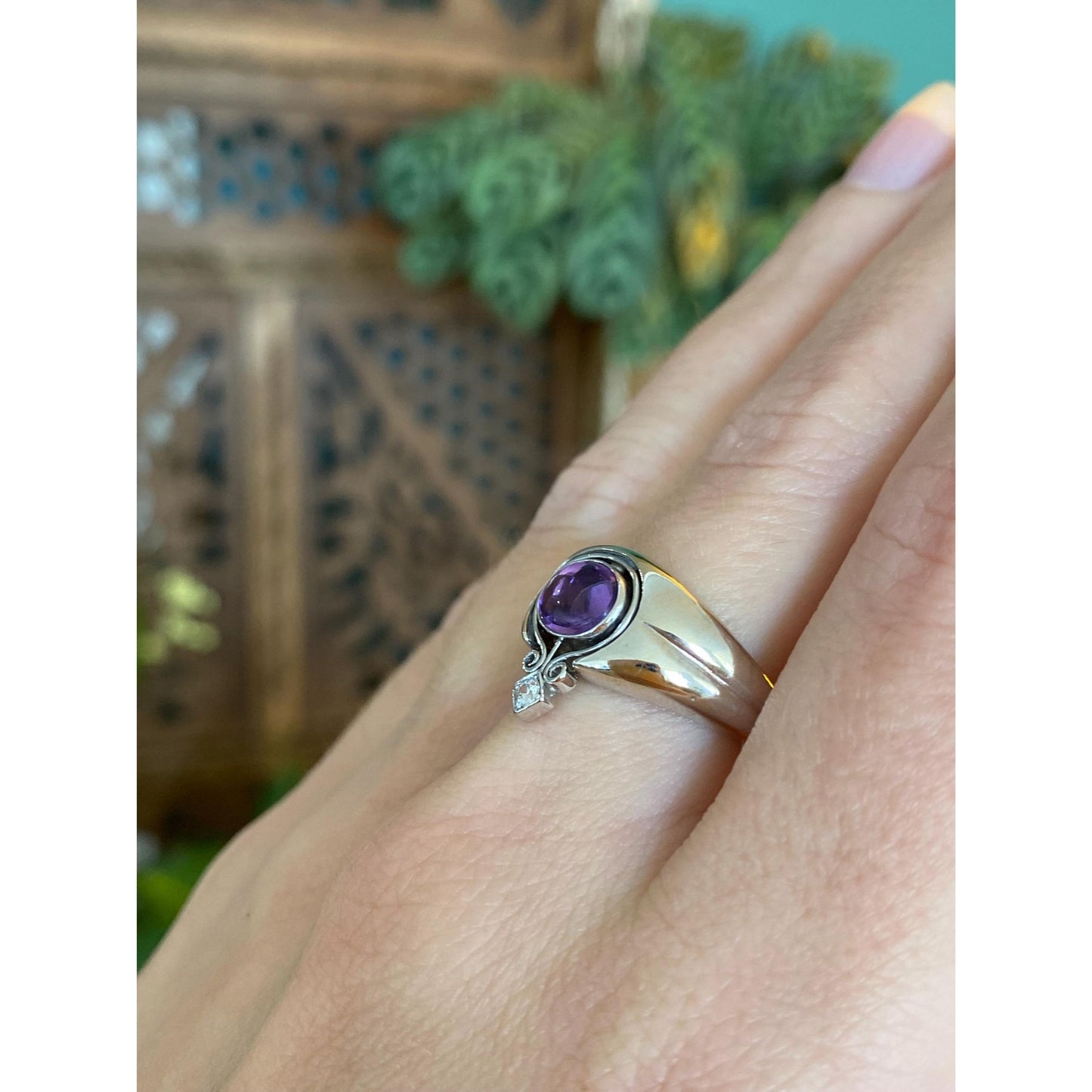 Vintage Solid 14k White Gold Diamond Amethyst Ring Band - Size 5.75