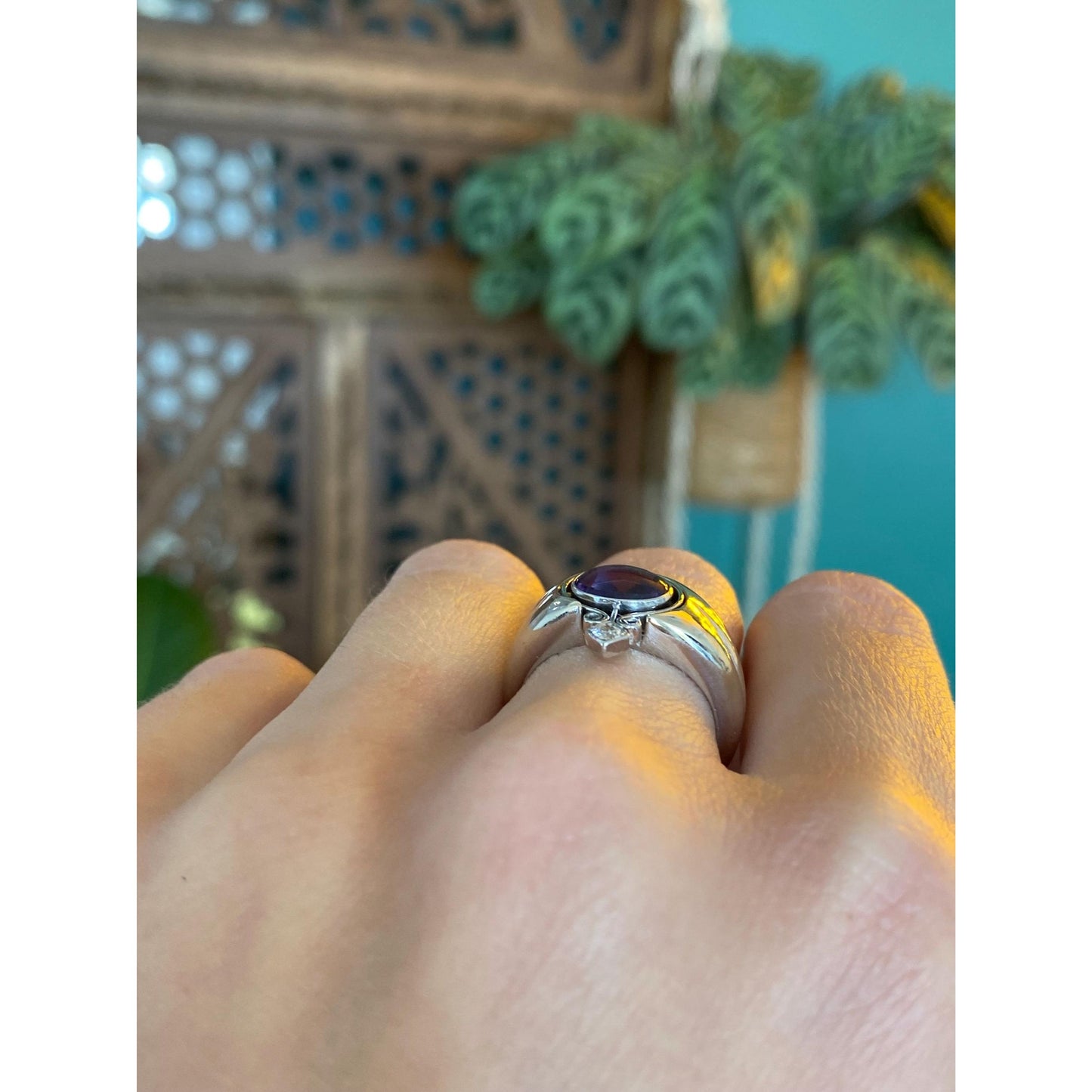 Vintage Solid 14k White Gold Diamond Amethyst Ring Band - Size 5.75