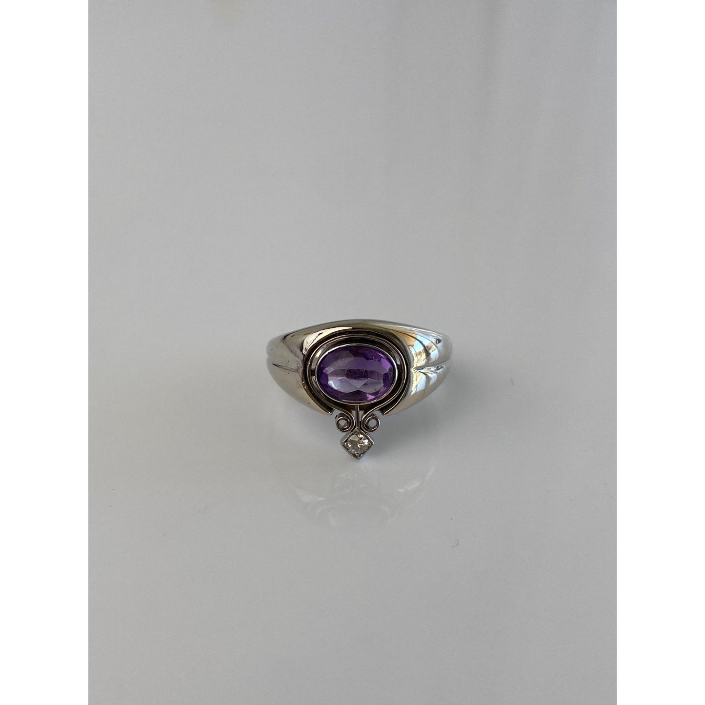 Vintage Solid 14k White Gold Diamond Amethyst Ring Band - Size 5.75