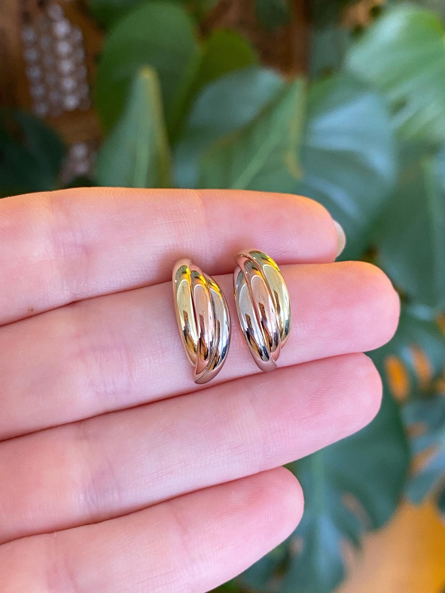 Vintage Solid 18k Tri Tone Gold Layered Drop Earrings
