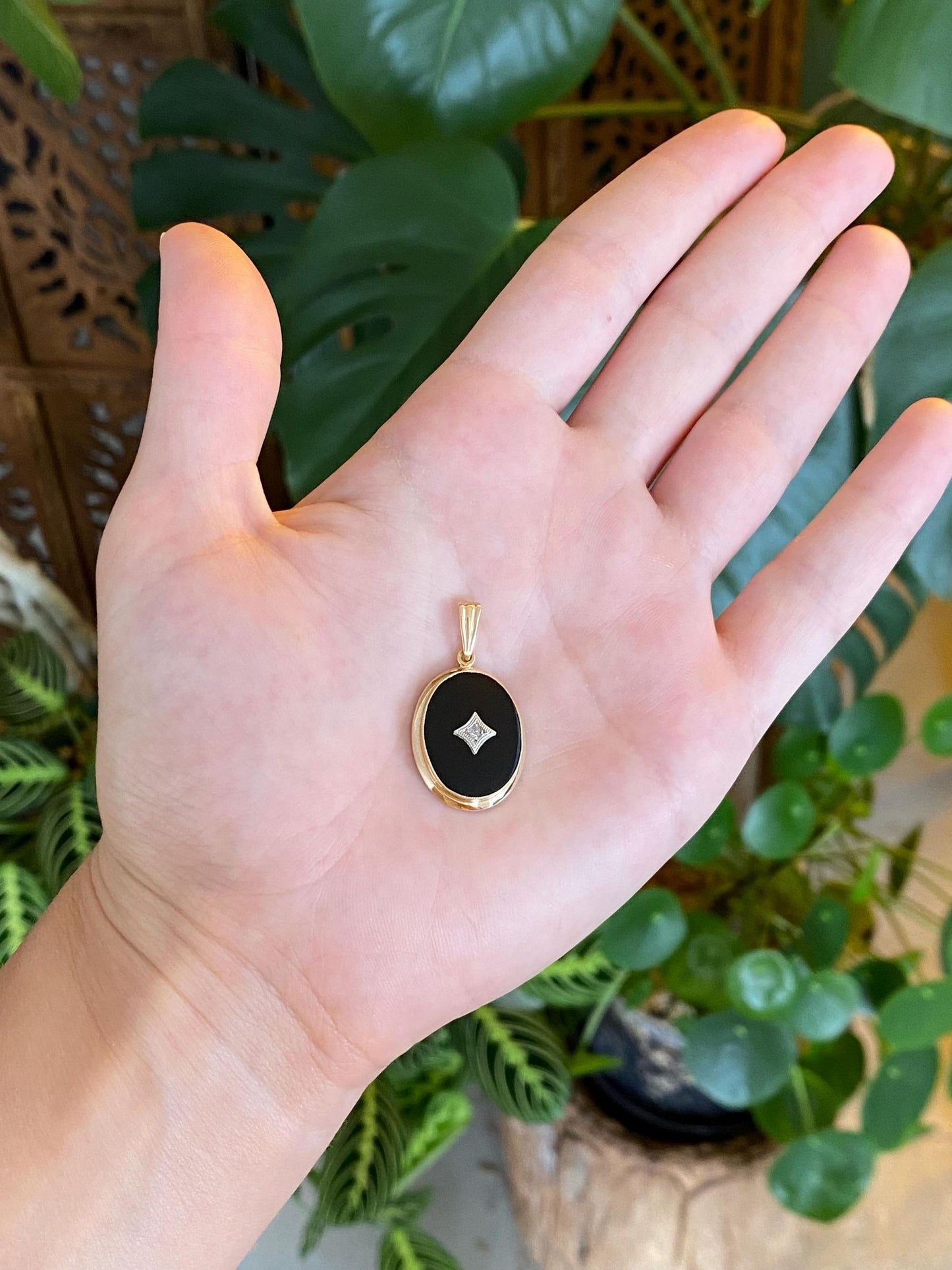 Solid 10k White & Yellow Gold Black Onyx Diamond Charm