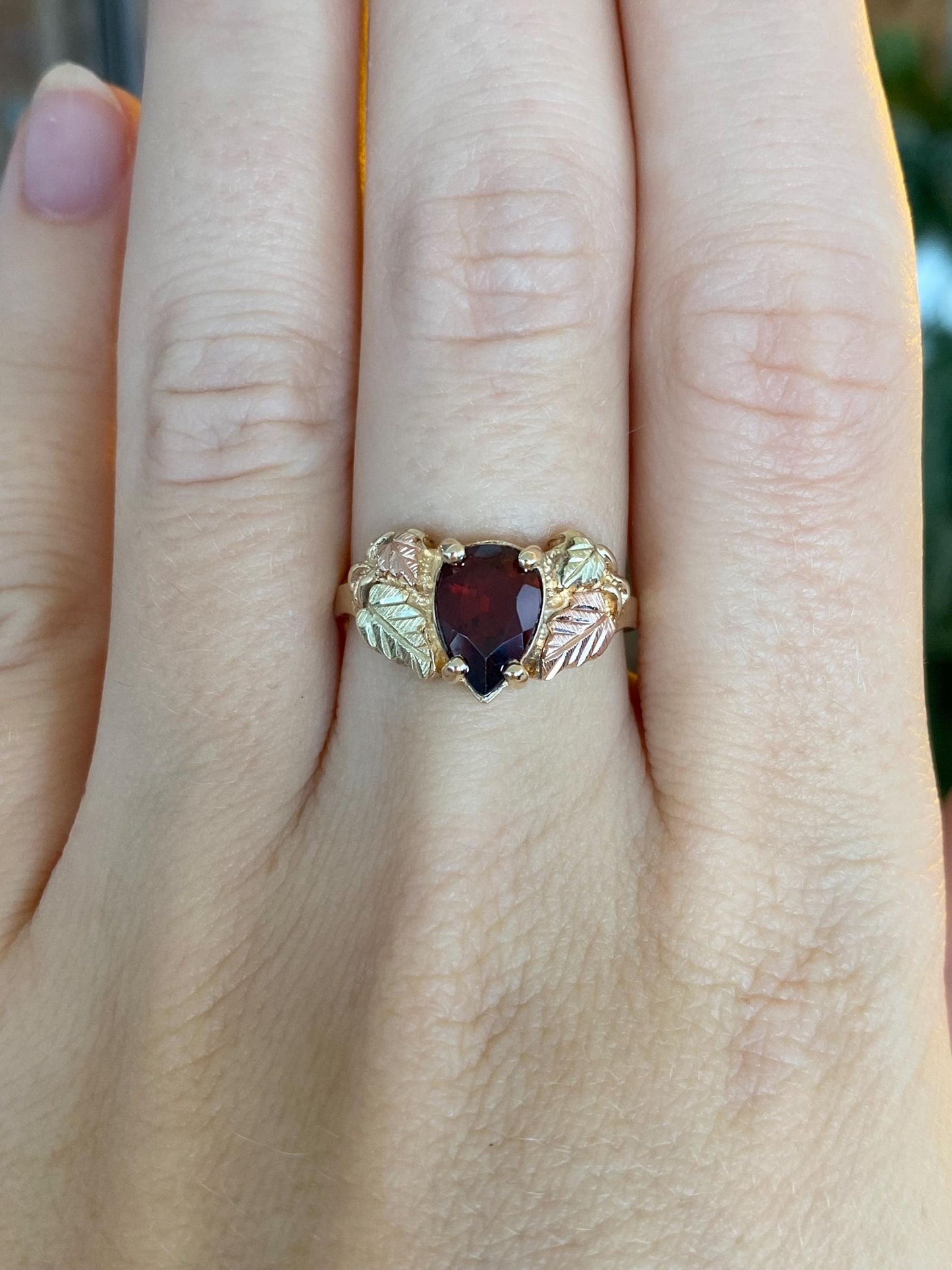 Solid 10k Black Hills Gold Garnet Teardrop Leaves Ring - Size 7.75