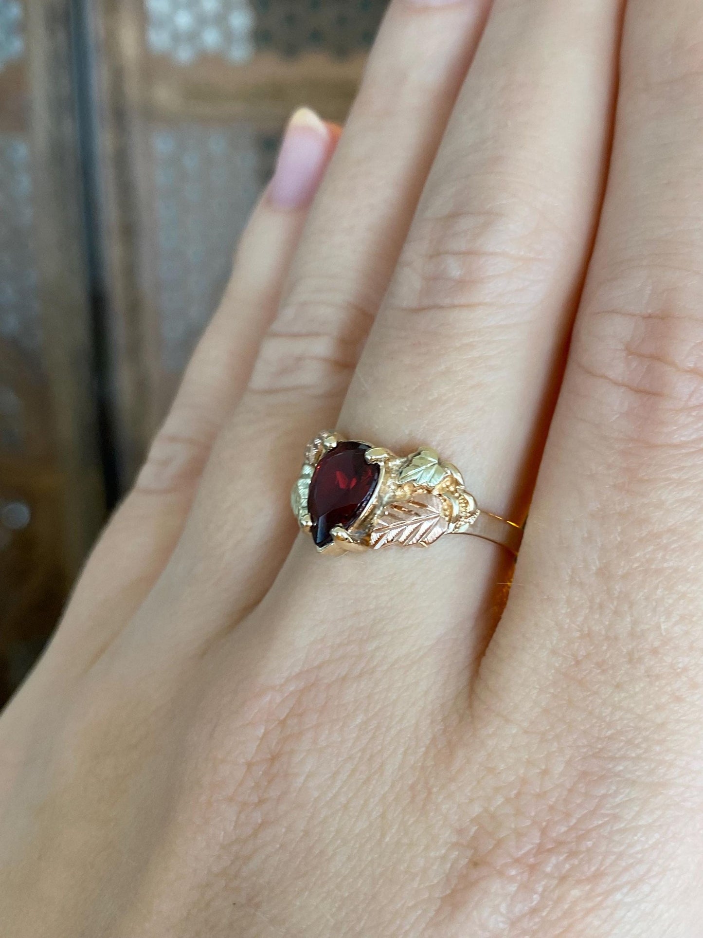 Solid 10k Black Hills Gold Garnet Teardrop Leaves Ring - Size 7.75