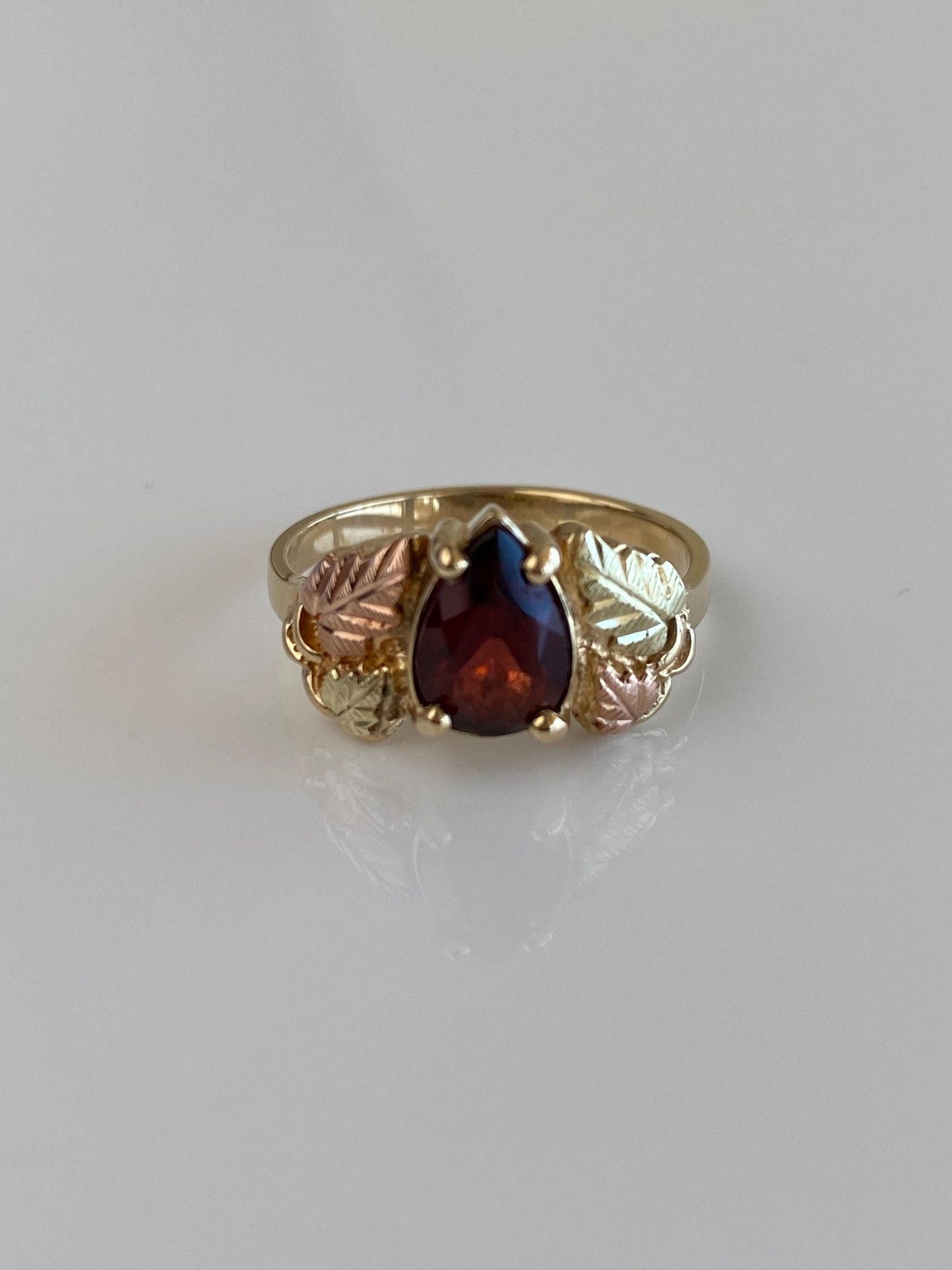 Solid 10k Black Hills Gold Garnet Teardrop Leaves Ring - Size 7.75