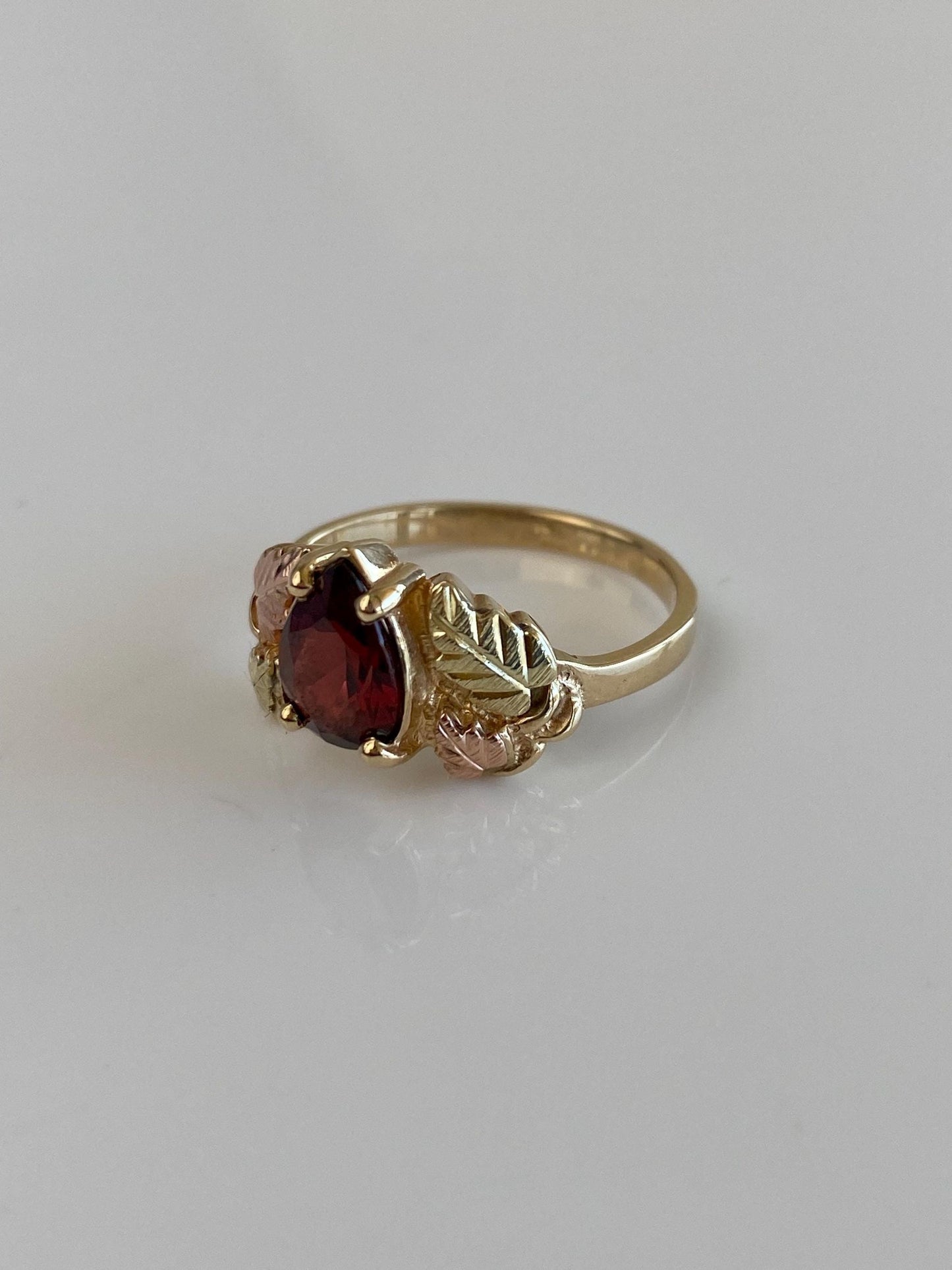 Solid 10k Black Hills Gold Garnet Teardrop Leaves Ring - Size 7.75