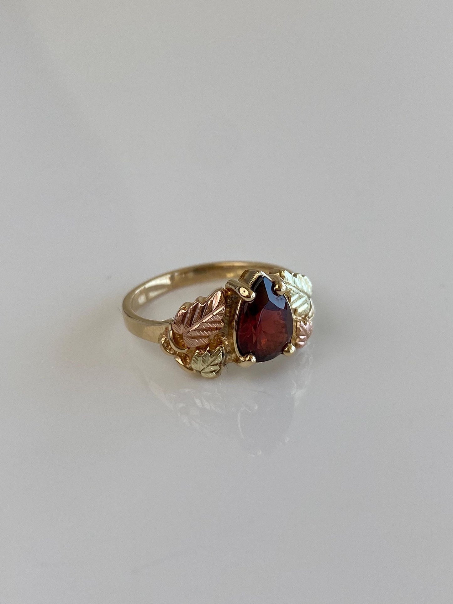 Solid 10k Black Hills Gold Garnet Teardrop Leaves Ring - Size 7.75