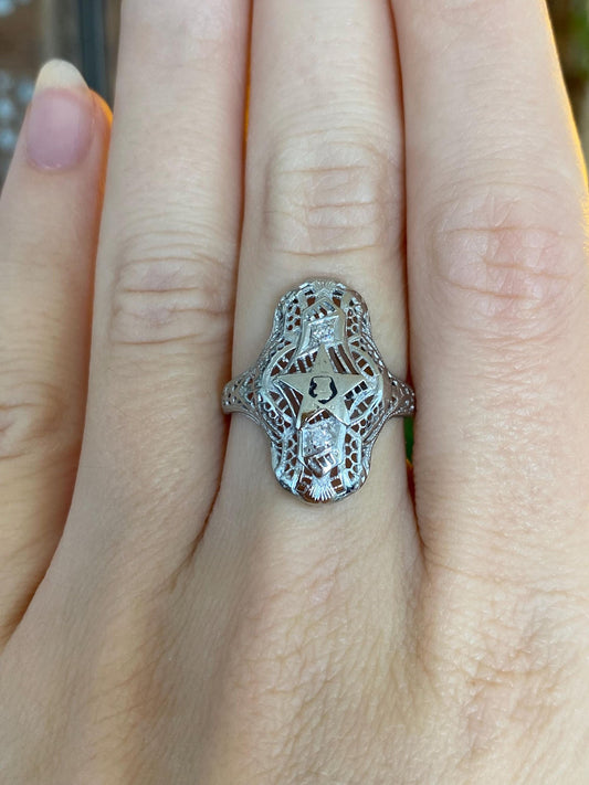 Vintage Solid 14k White Gold Clear Sapphire Enamel Star Freemason Art Deco Ring - Size 5.5