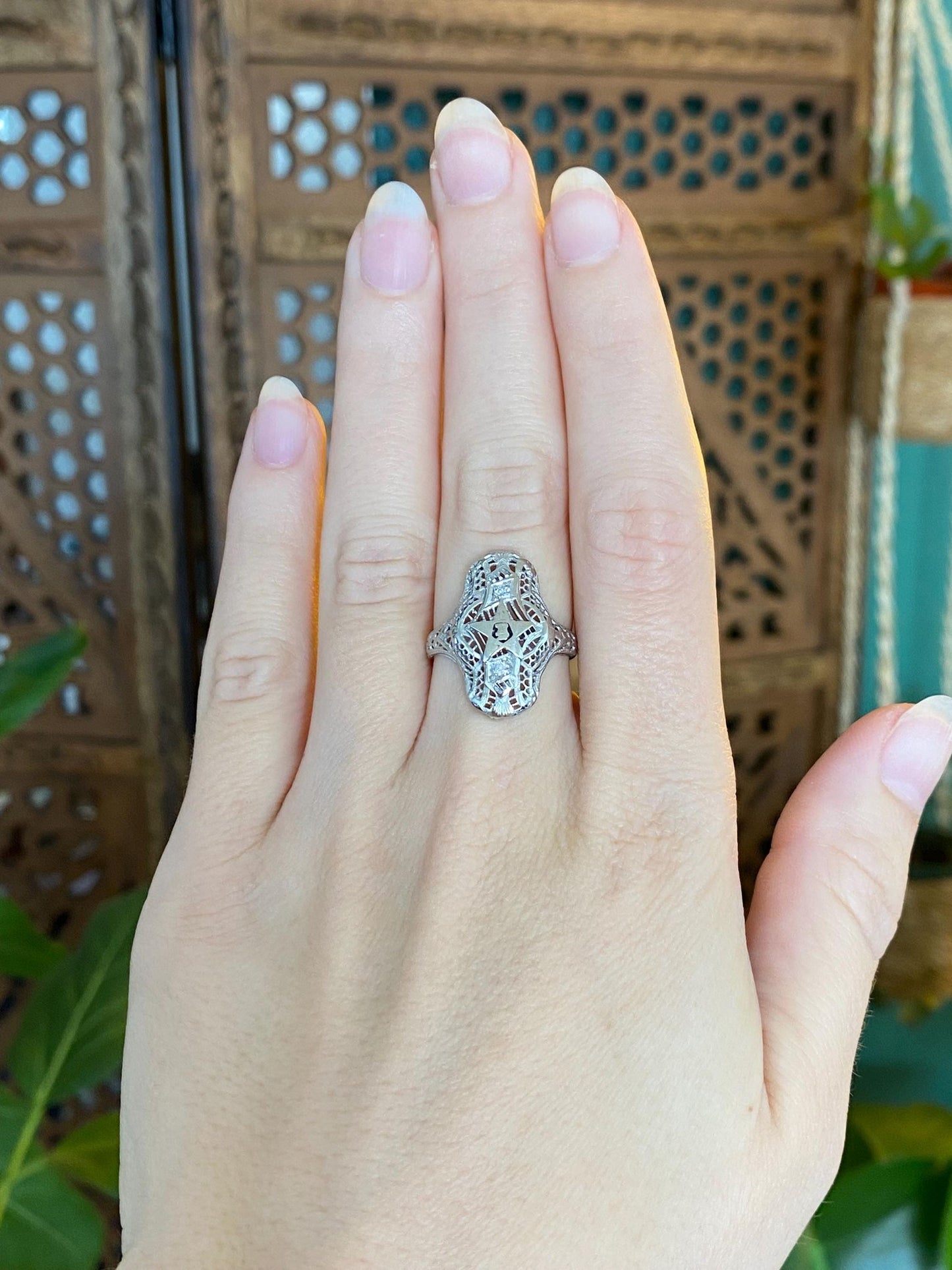 Vintage Solid 14k White Gold Clear Sapphire Enamel Star Freemason Art Deco Ring - Size 5.5