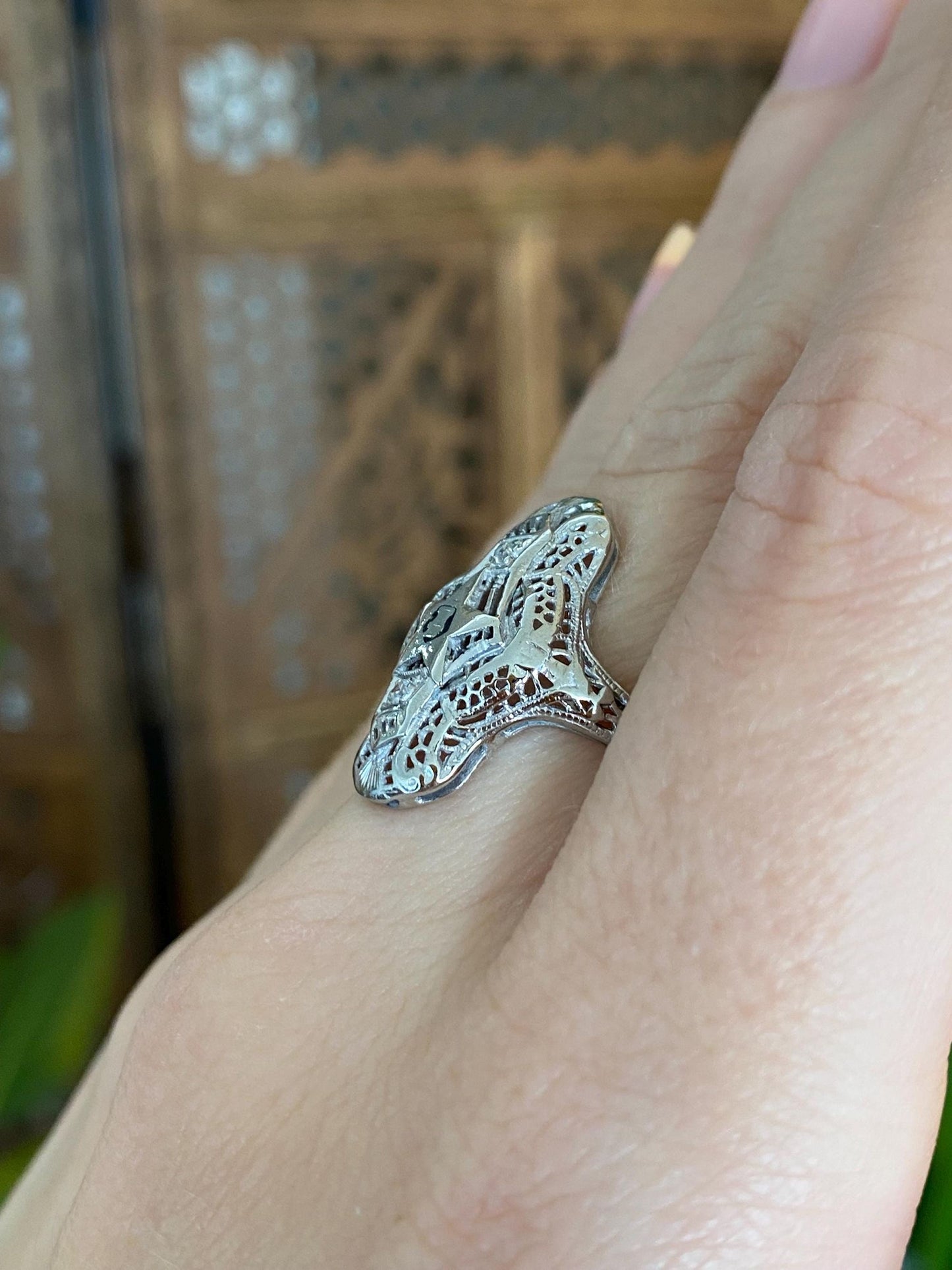 Vintage Solid 14k White Gold Clear Sapphire Enamel Star Freemason Art Deco Ring - Size 5.5