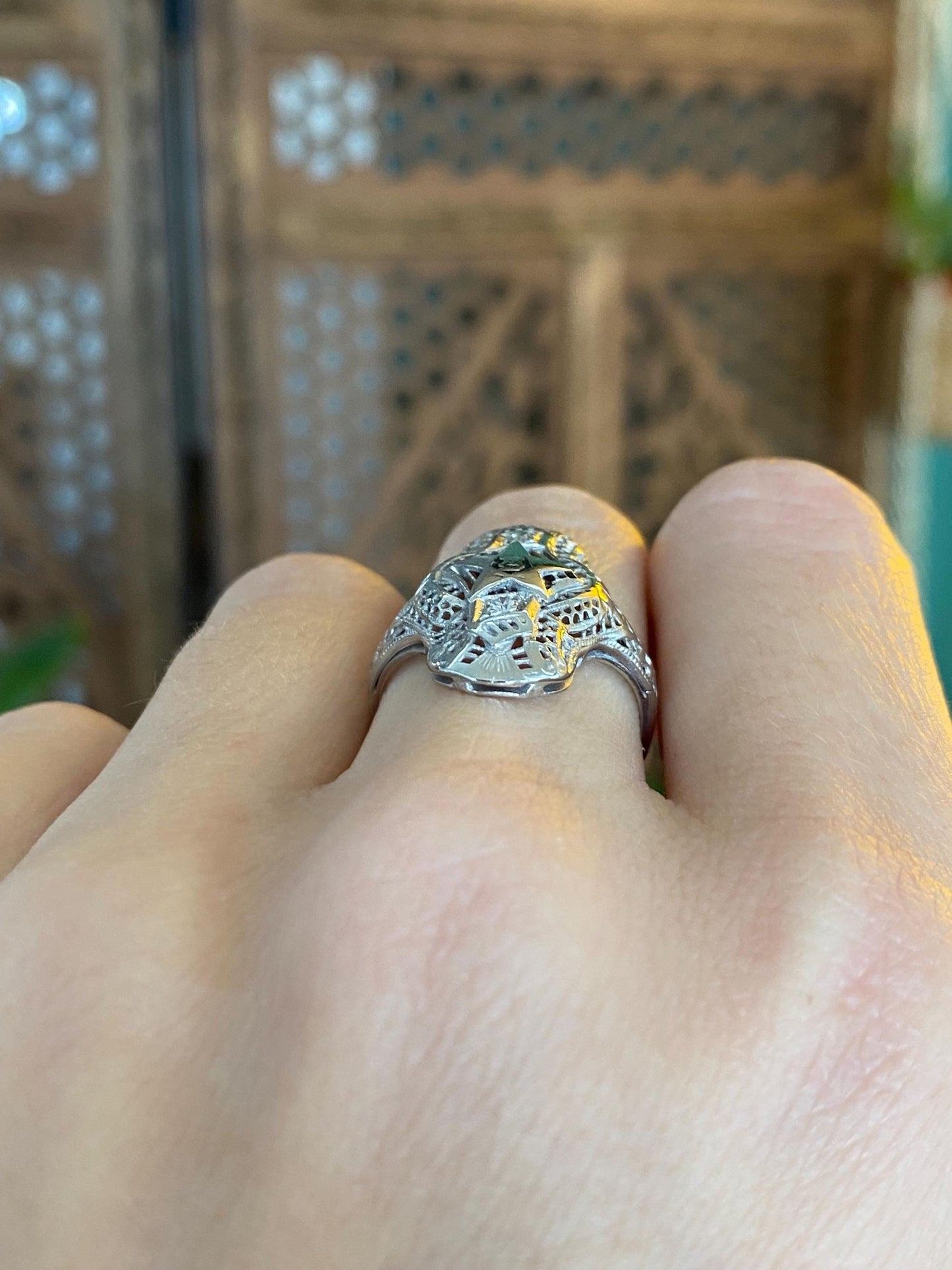 Vintage Solid 14k White Gold Clear Sapphire Enamel Star Freemason Art Deco Ring - Size 5.5