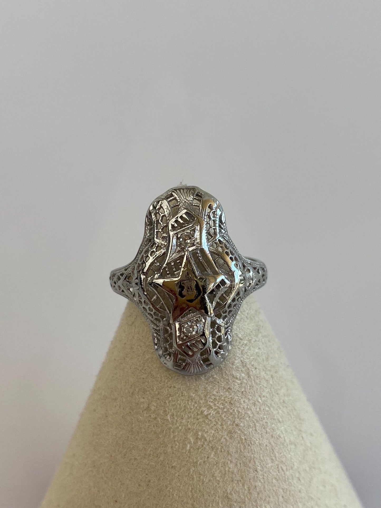Vintage Solid 14k White Gold Clear Sapphire Enamel Star Freemason Art Deco Ring - Size 5.5