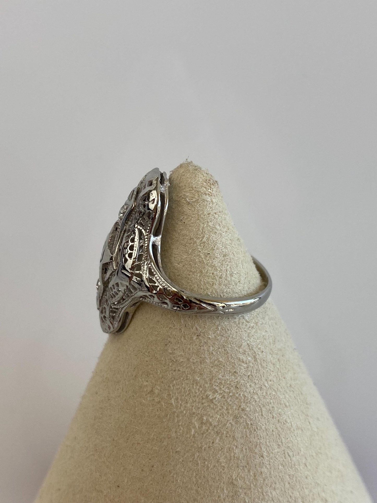 Vintage Solid 14k White Gold Clear Sapphire Enamel Star Freemason Art Deco Ring - Size 5.5