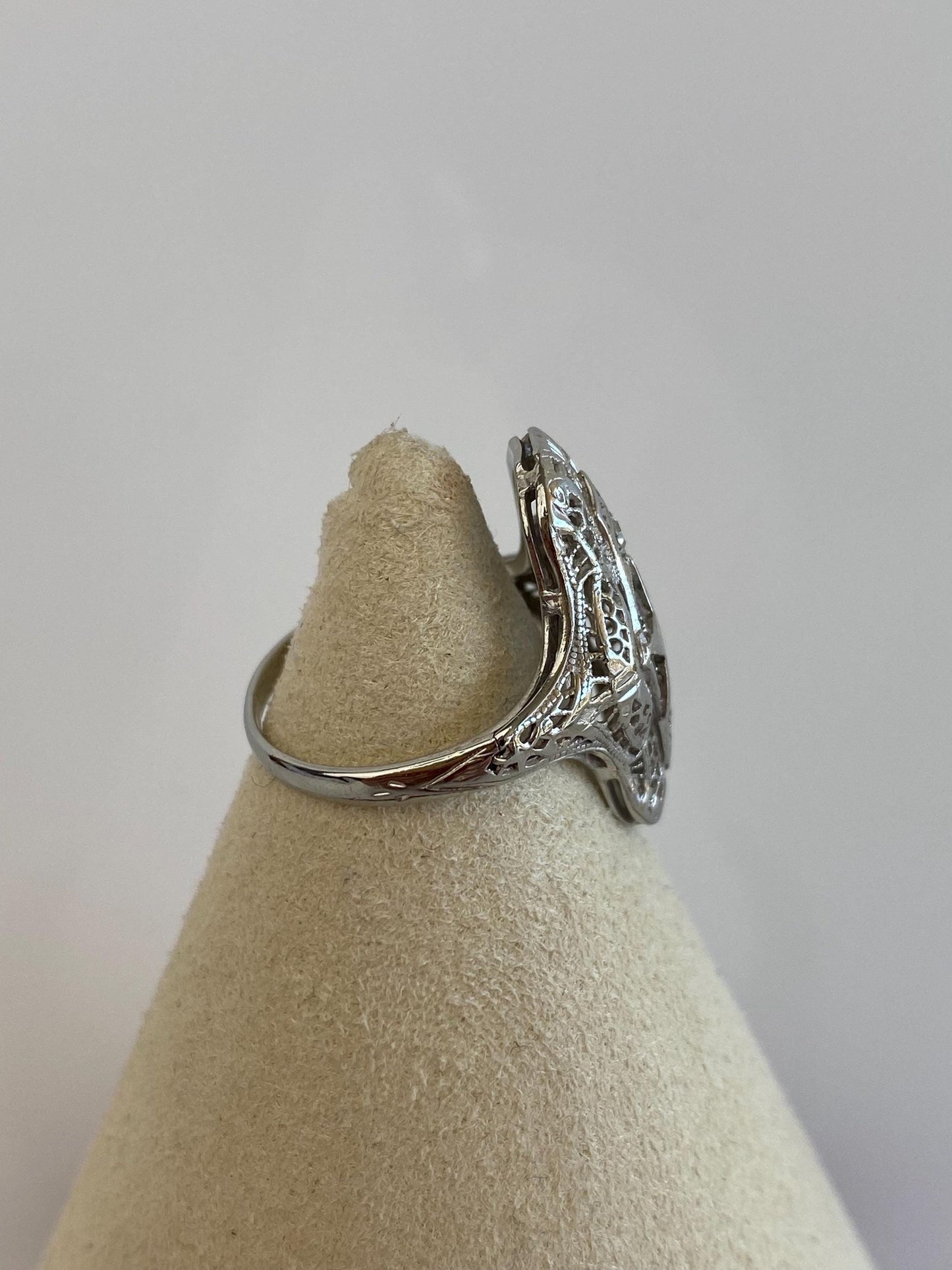 Vintage Solid 14k White Gold Clear Sapphire Enamel Star Freemason Art Deco Ring - Size 5.5