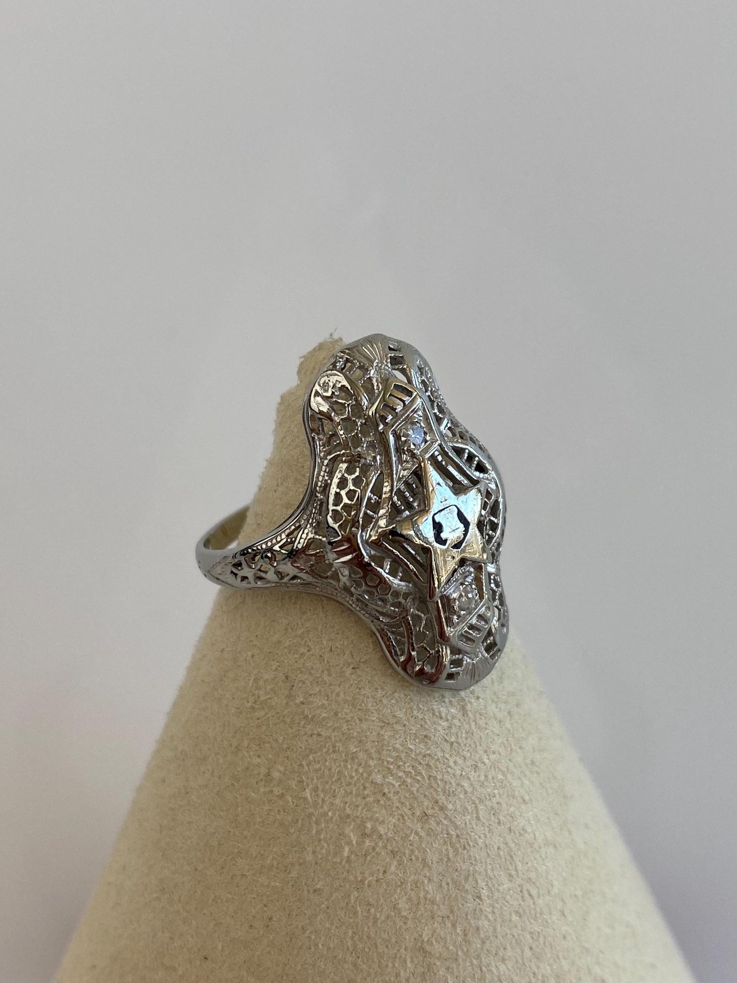 Vintage Solid 14k White Gold Clear Sapphire Enamel Star Freemason Art Deco Ring - Size 5.5