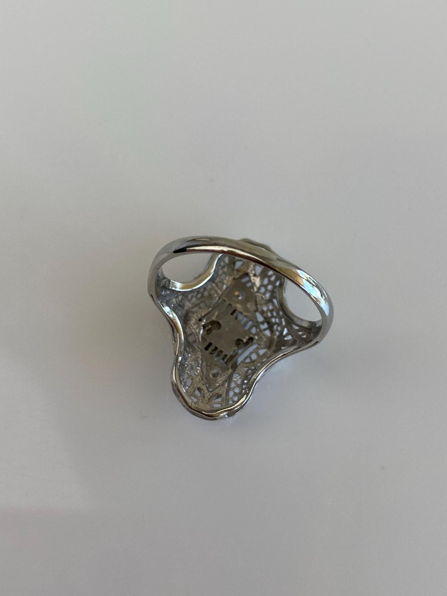 Vintage Solid 14k White Gold Clear Sapphire Enamel Star Freemason Art Deco Ring - Size 5.5