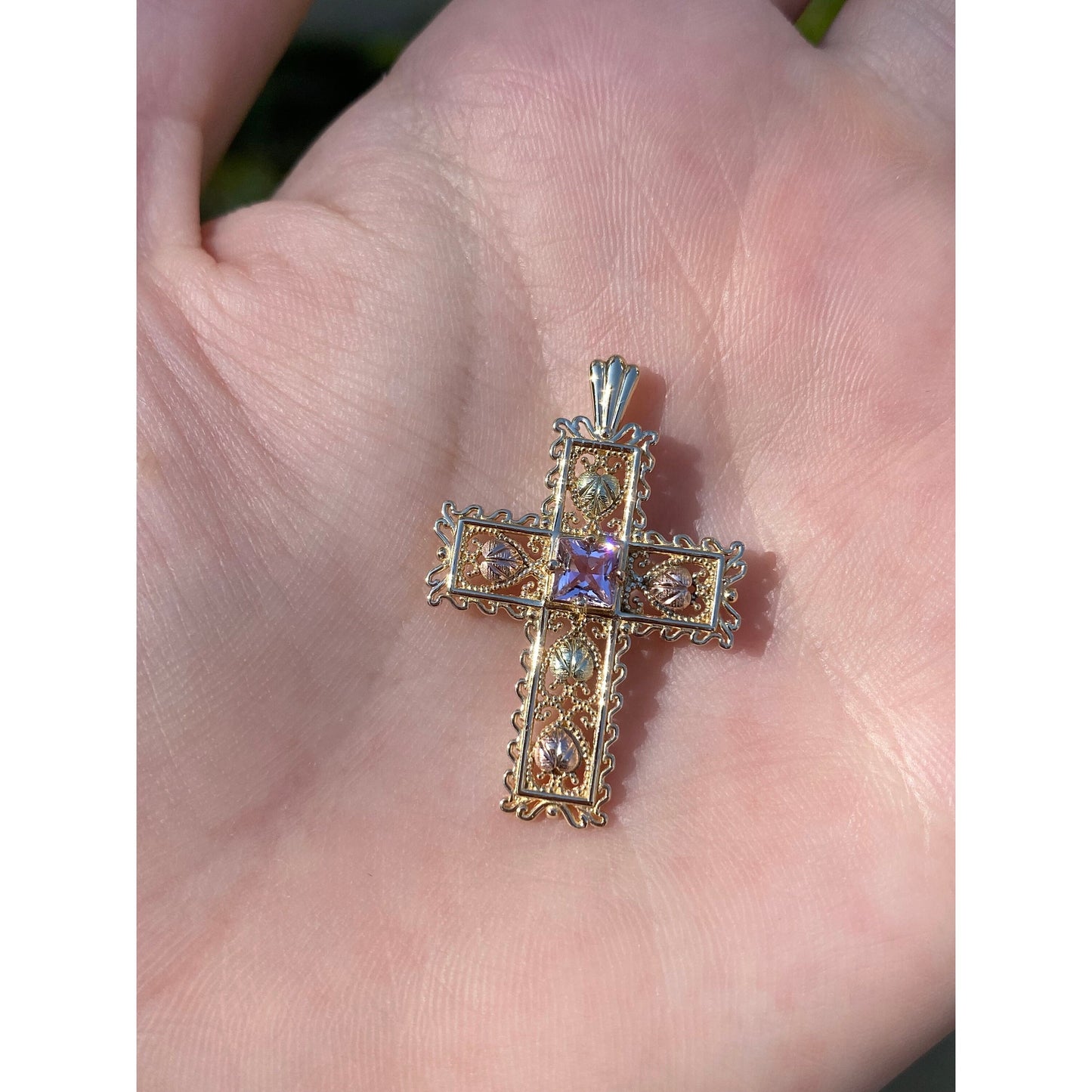 Vintage Solid 10k Black Hills Gold Cubic Zirconia Cross Charm